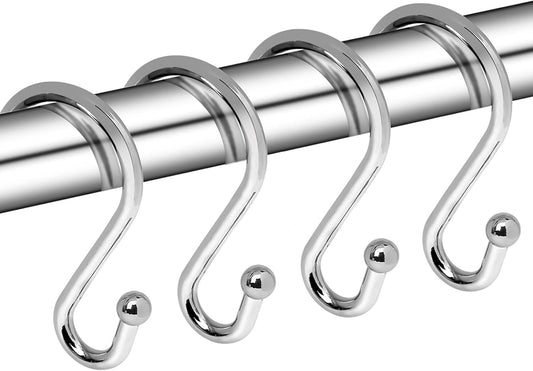 Metal Shower Curtain Hooks, Set of 12, Rt Proof Shower Curtain Hooks Rings, Durable S Shaped Hooks Hangers for Shower Curtains, Kitchen Utensils, Clothes, Towels (Chrome)