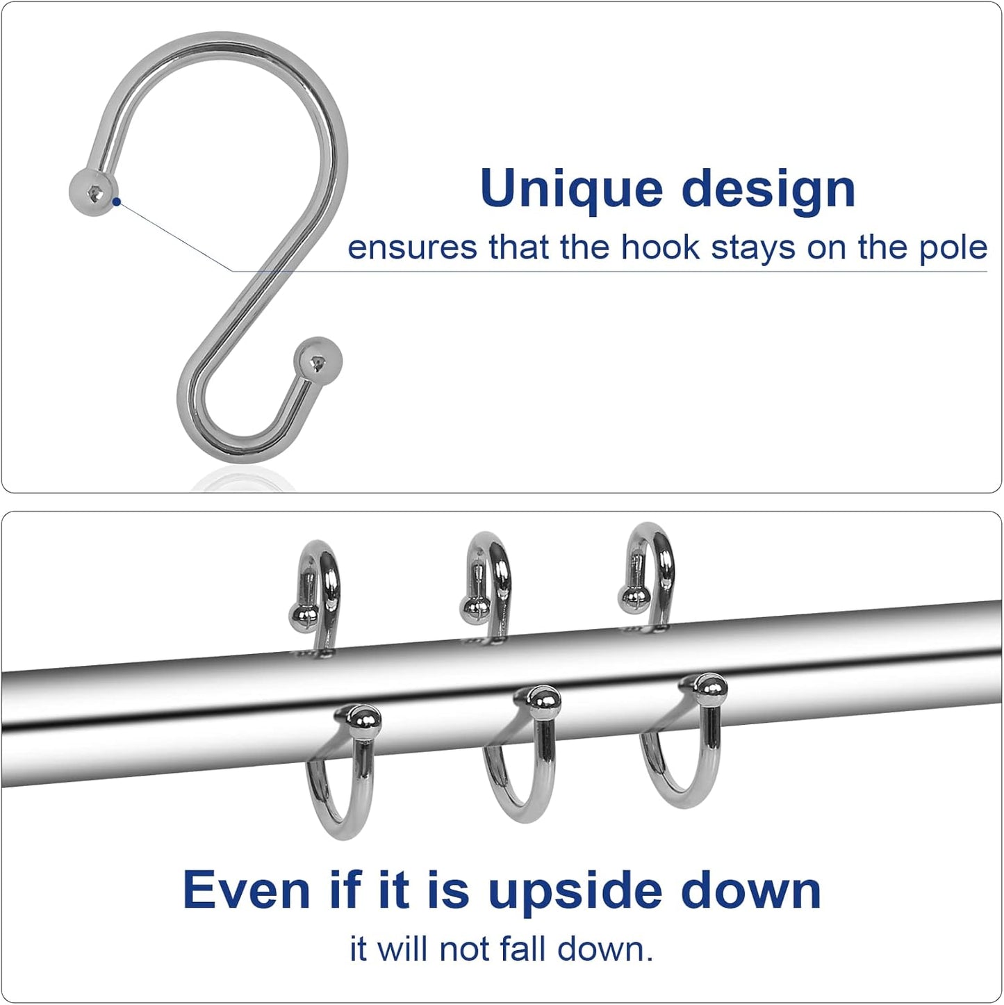 Metal Shower Curtain Hooks, Set of 12, Rt Proof Shower Curtain Hooks Rings, Durable S Shaped Hooks Hangers for Shower Curtains, Kitchen Utensils, Clothes, Towels (Chrome)