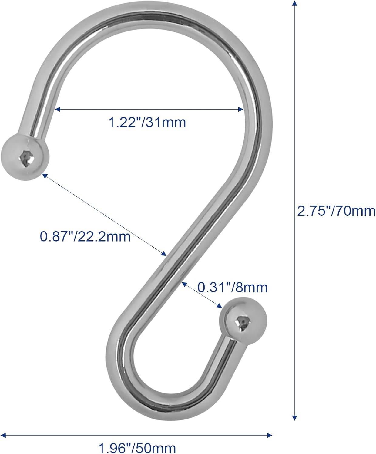 Metal Shower Curtain Hooks, Set of 12, Rt Proof Shower Curtain Hooks Rings, Durable S Shaped Hooks Hangers for Shower Curtains, Kitchen Utensils, Clothes, Towels (Chrome)