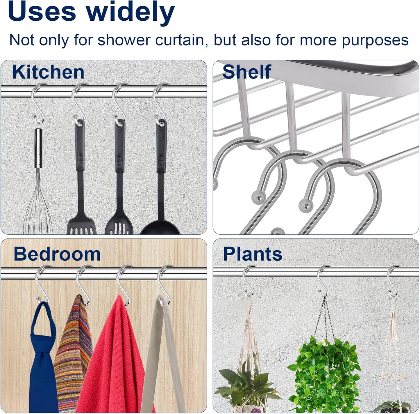 Metal Shower Curtain Hooks, Set of 12, Rt Proof Shower Curtain Hooks Rings, Durable S Shaped Hooks Hangers for Shower Curtains, Kitchen Utensils, Clothes, Towels (Chrome)