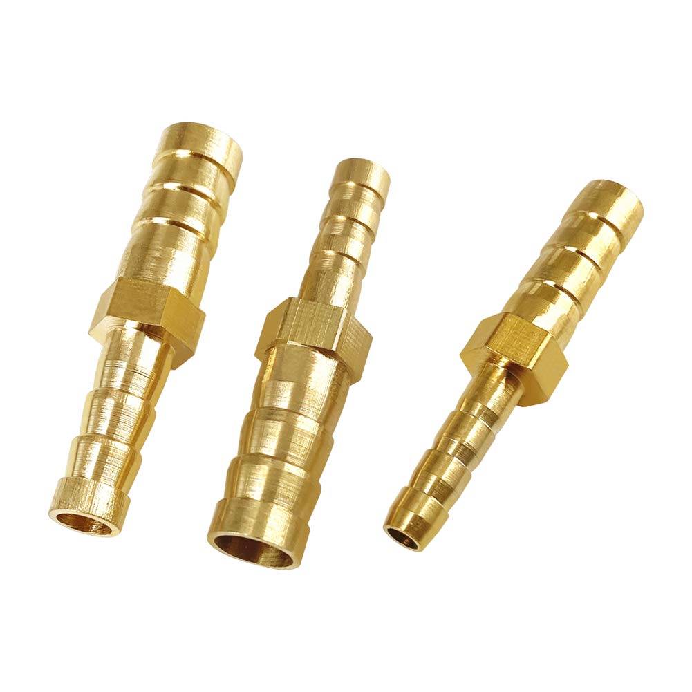 Brass Hose Barb reducer 3/8" to 5/16" ID hose Barb Fitting Hex Splicer Mender Union Air Water Fuel with hose clamps Tubing Adapter (Pack of 3)