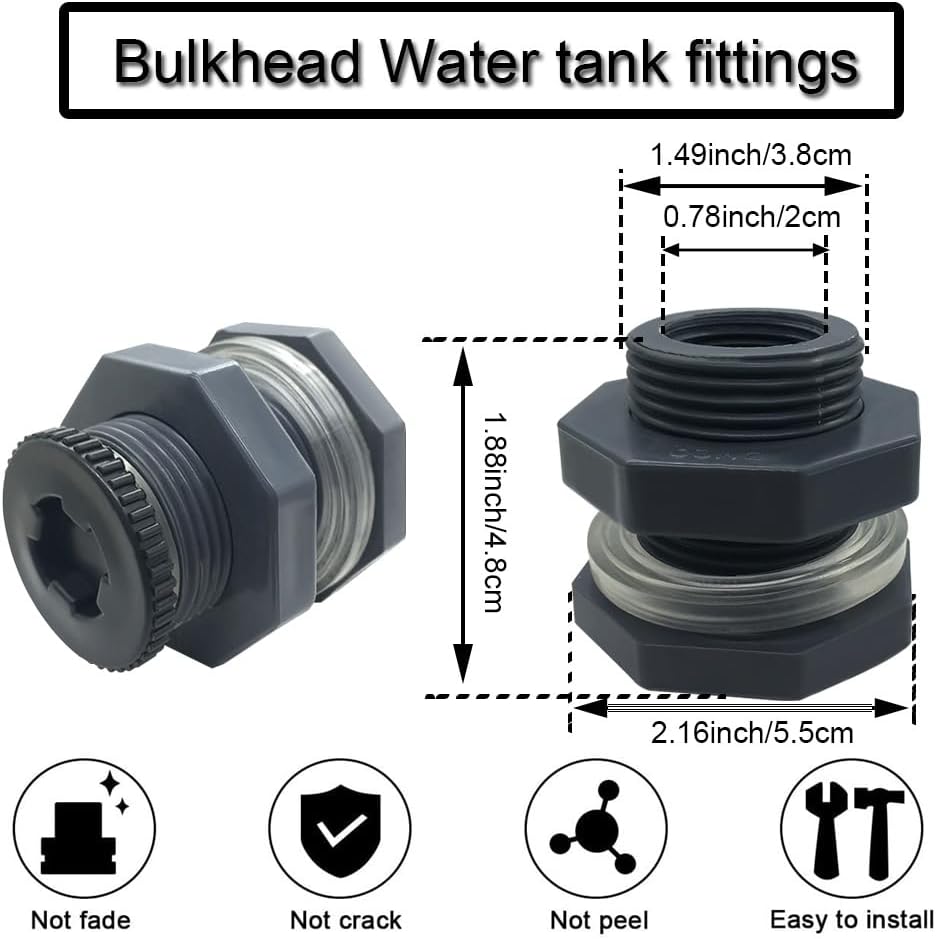 NPT 1/2” Female PVC Heavy-Duty Bulkhead Fitting with Plug, Silicon Seal Gasket Water Tank Connector for 1.5 Inch Hole Saw Rain Barrels, Aquariums 4Pcs (Thickened Version)