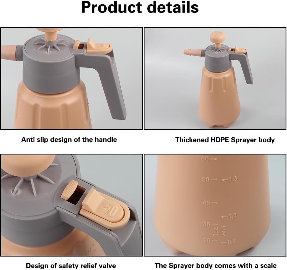 Garden Pump Sprayer, 68 oz/0.5 Gallon Hand Held Pressure Sprayer with Safety Valve ＆ Adjtable Nozzle, Large Capacity Bottle Water Weed Flower Plant Lawn Home Washing Spray 2L(Salmon Pink)