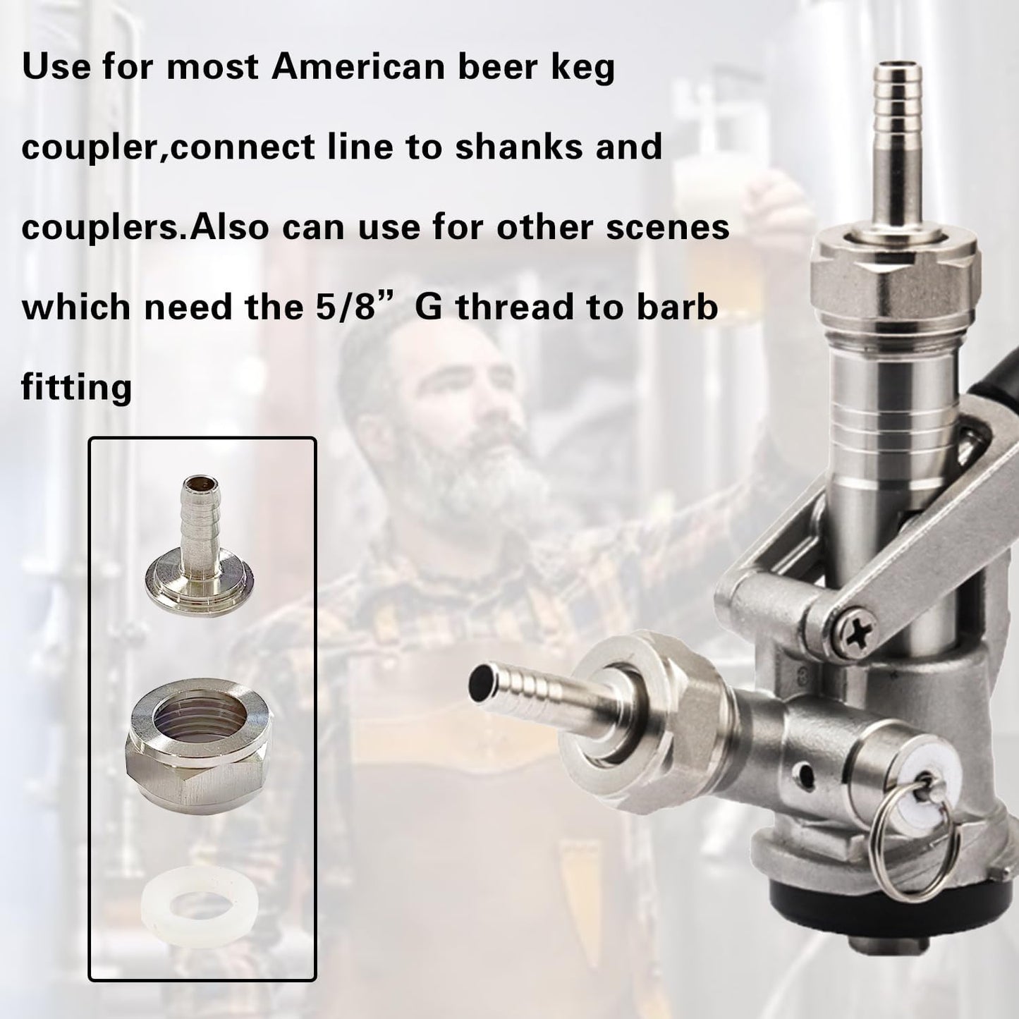 Keg Coupler Barb Connector, 5/16'' Barb x G5/8 Thread Stainless Steel 304 Beer Kegerator Sankey Couplers Hex Nut Beer Line Tailpiece Nipple Fitting with Sealing Gasket Washer(2 Pack)