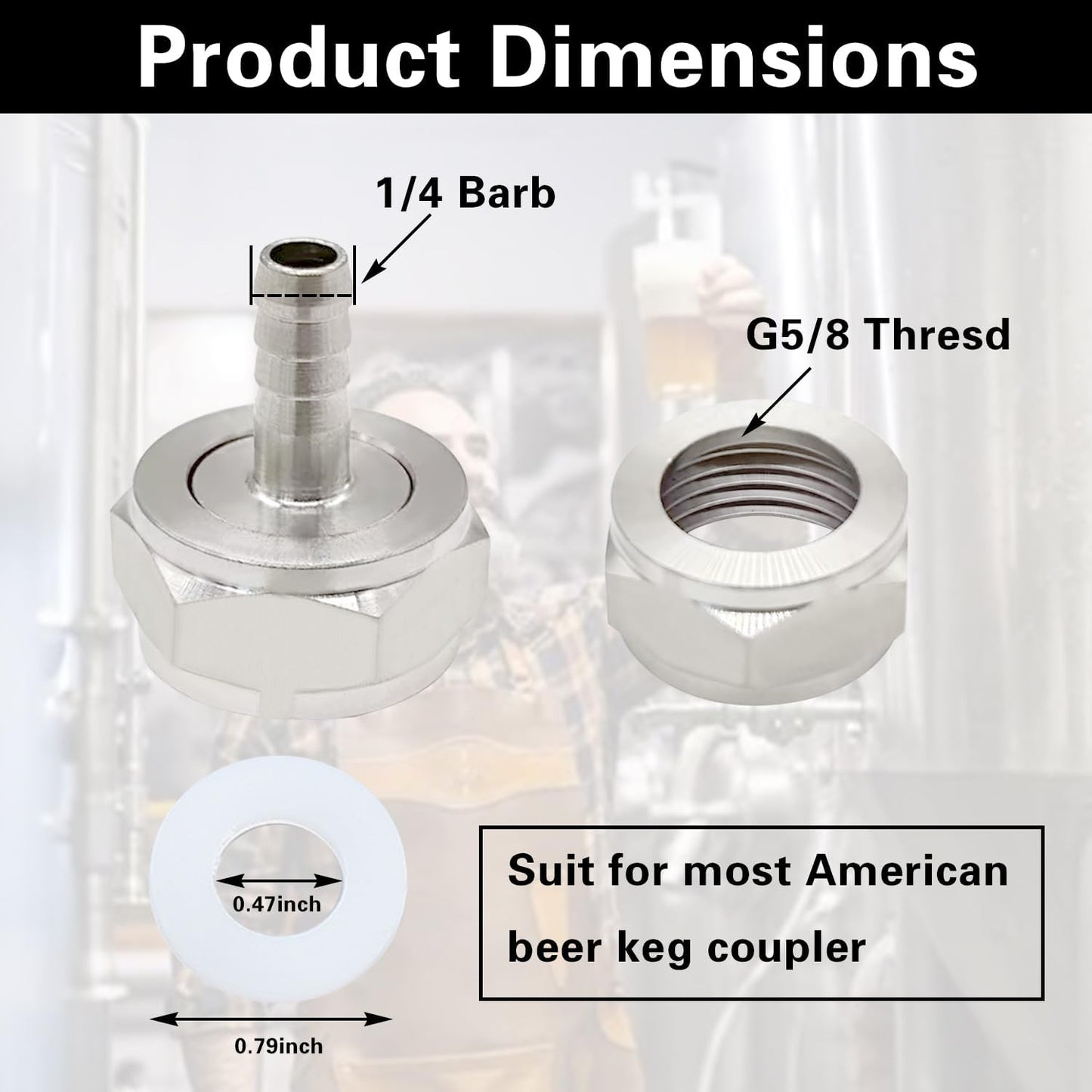 Keg Coupler Barb Connector, 1/4'' Barb x G5/8 Thread Stainless Steel 304 Beer Kegerator Sankey Couplers Hex Nut Beer Line Tailpiece Nipple Fitting with Sealing Gasket Washer(2 Pack)