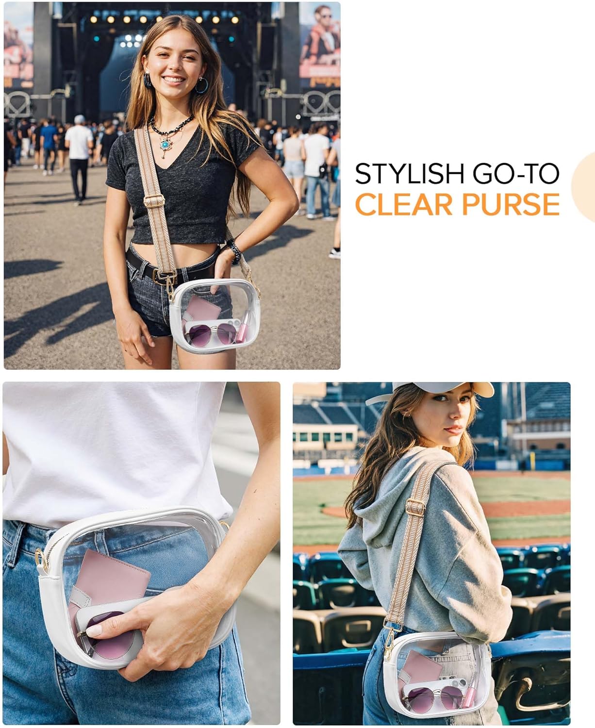 Clear Bag for Stadium Events, Clear Purse for Women Stadium Crossbody, Transparent Bag for Concert Sport Festival Fans