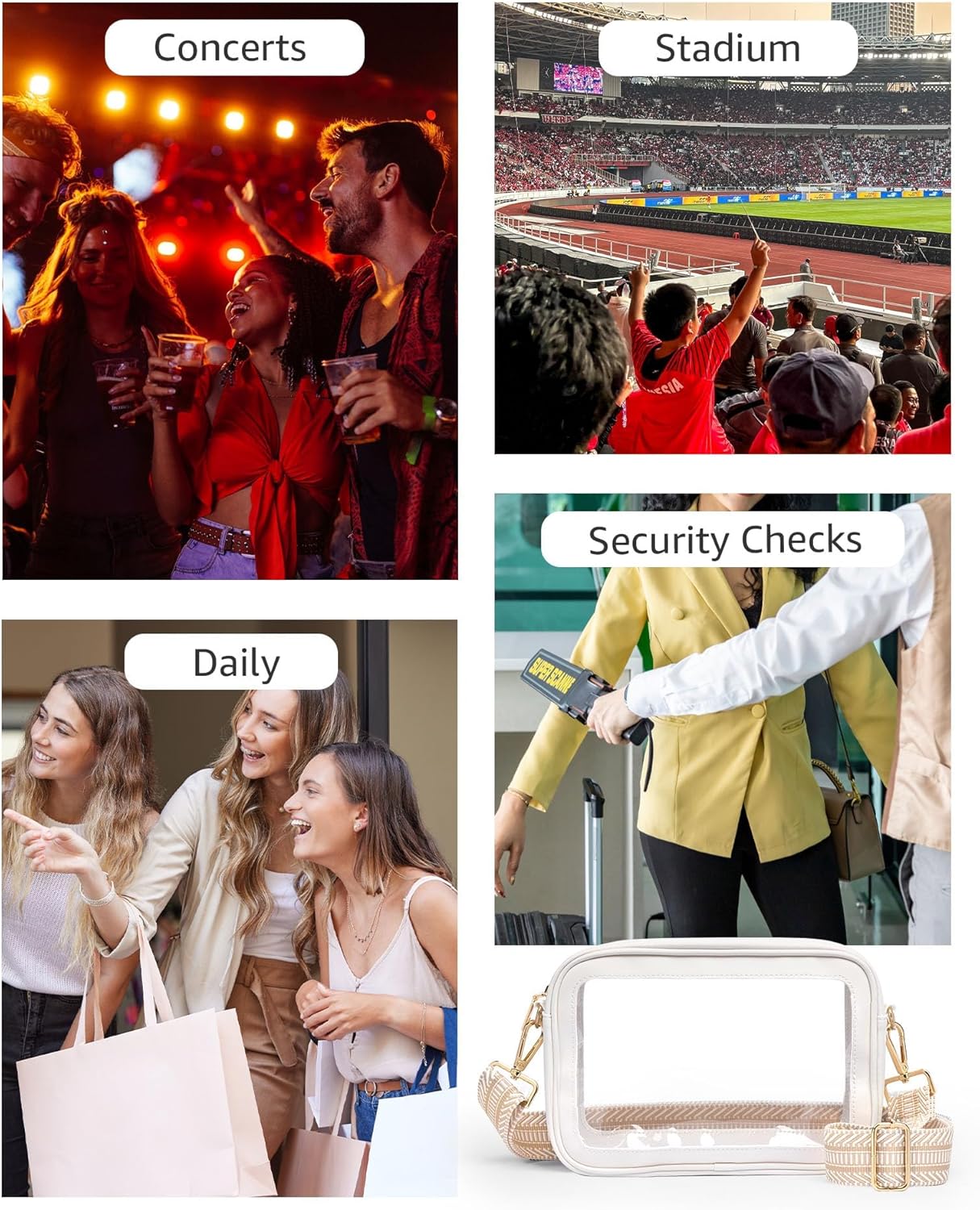 Clear Bag for Stadium Events, Clear Purse for Women, Stadium Approved Crossbody Handbag for Concerts Sports Fans