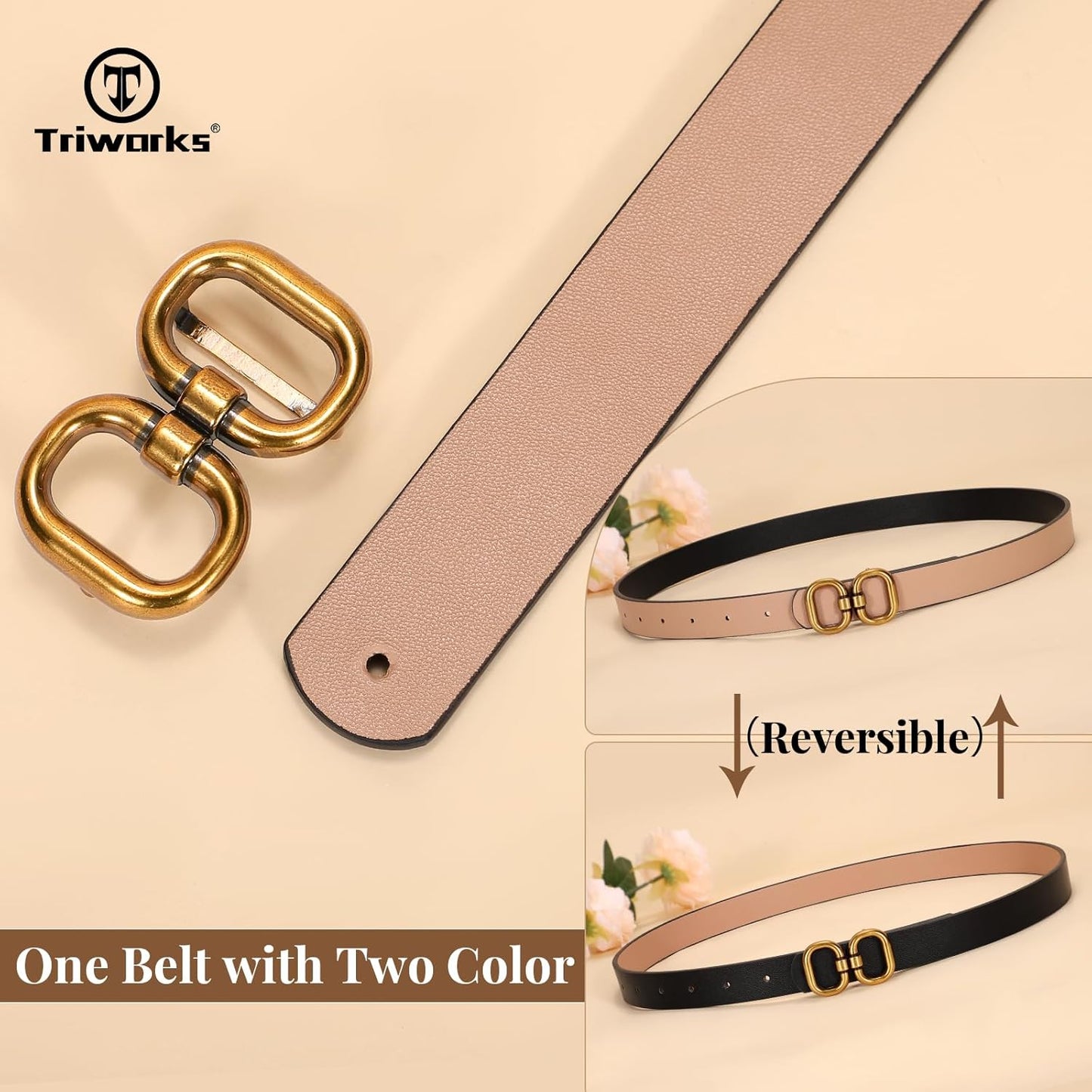 Reversible Leather Belt for Women with Gold Buckle Ladies Leather Belt for Jeans Pants