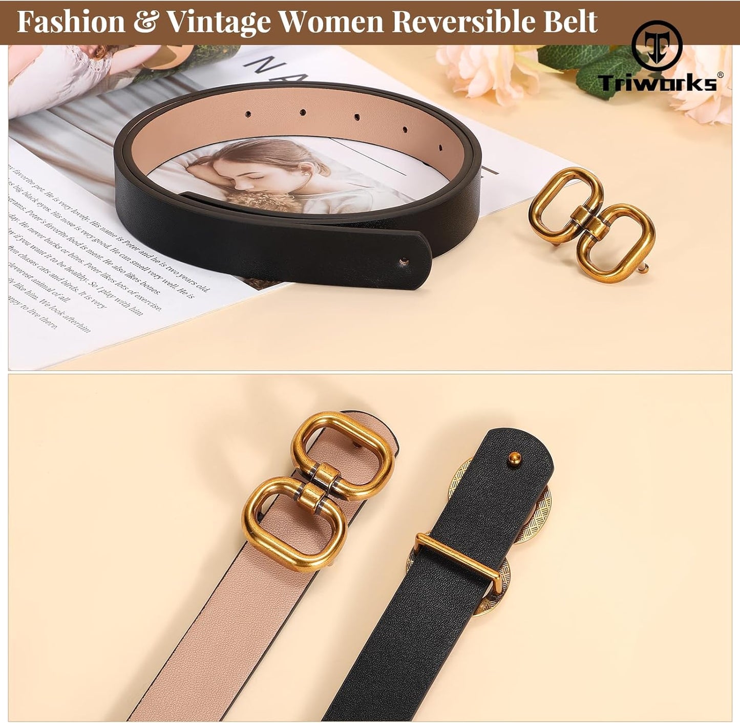 Reversible Leather Belt for Women with Gold Buckle Ladies Leather Belt for Jeans Pants