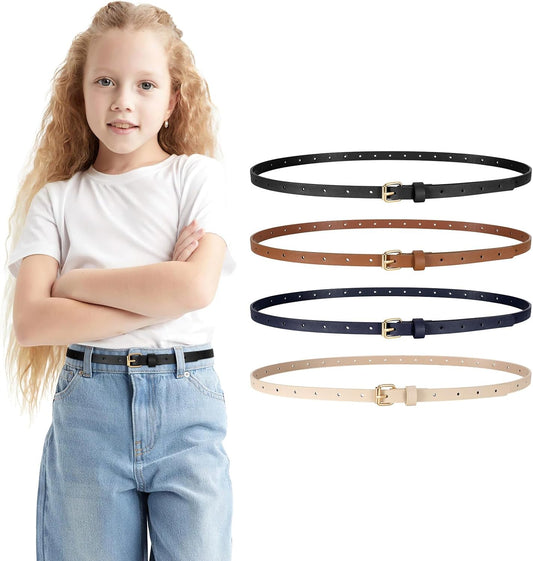 4 Pack Girls Skinny Leather Belts for Jeans Dress Thin Waist Belts for Girl with Gold Buckle