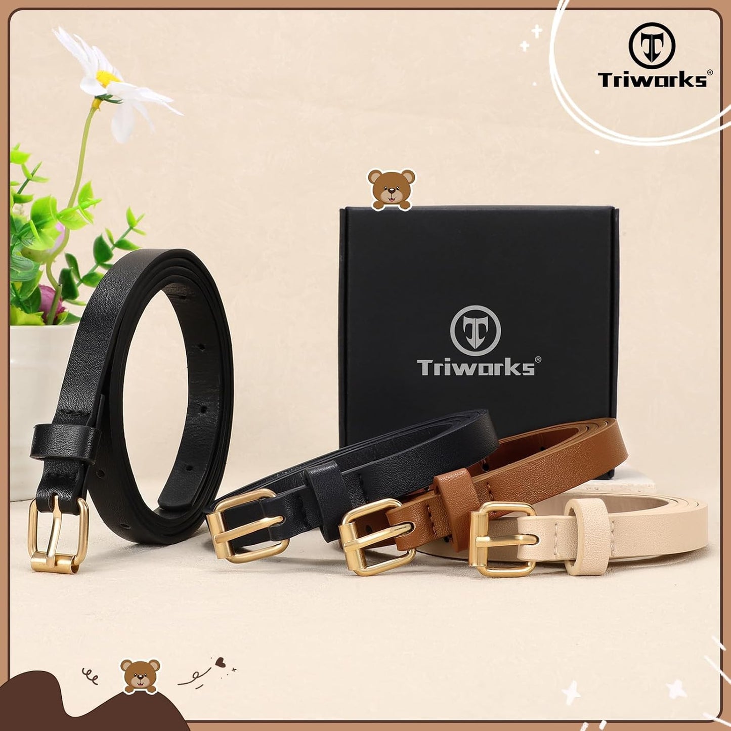 4 Pack Girls Skinny Leather Belts for Jeans Dress Thin Waist Belts for Girl with Gold Buckle
