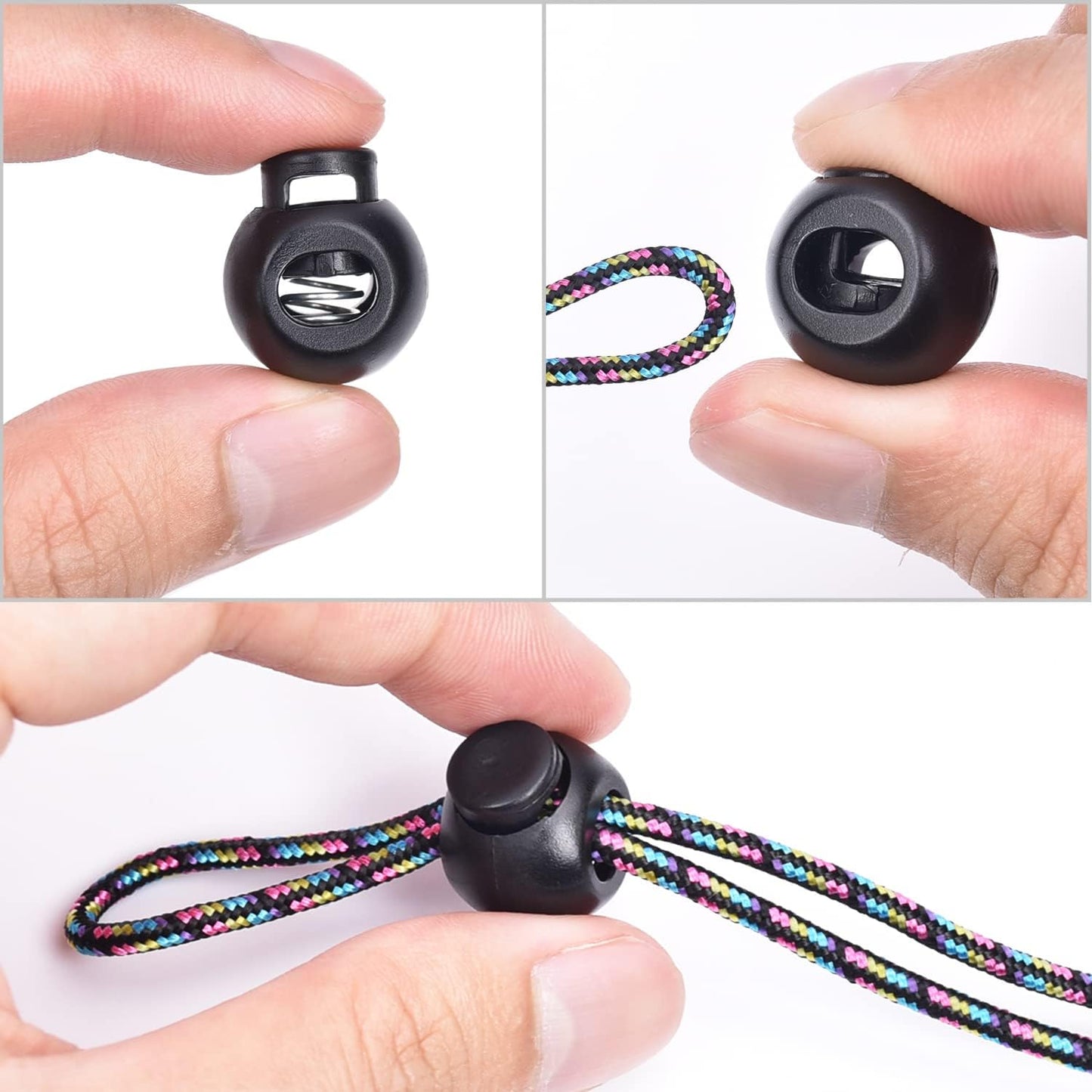 CooBigo 50Pack Single Hole Round Plastic Cord Locks, Spring Toggle Stopper for Drawstring Paracord Elastic Shoeslace Lock Glove Hats Sweatpant Hoodie Backpack String Clip Fastener Replacement