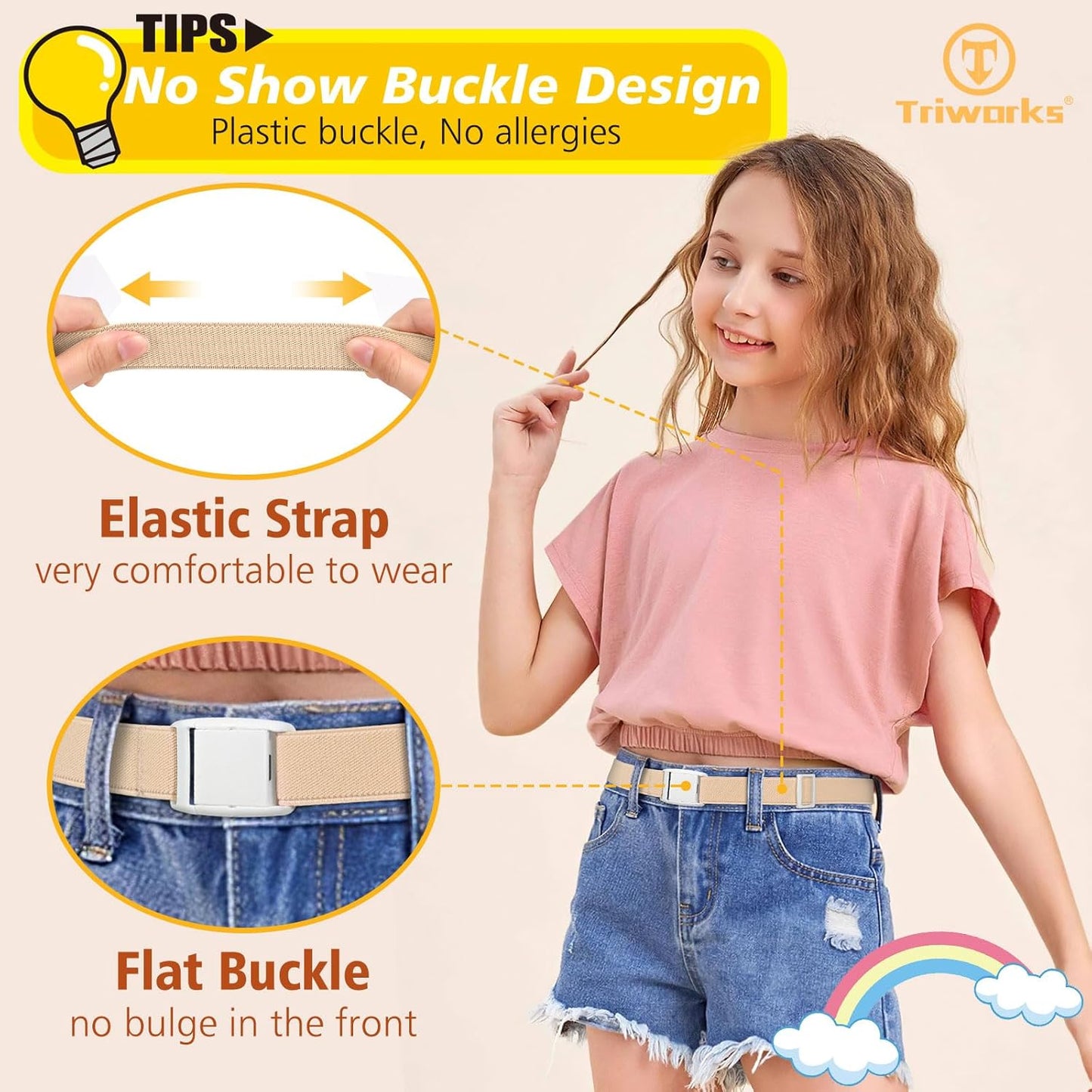 Kids Elastic Adjtable Belts for Girls Easy Buckle Flat Buckle Stretchy Belt for Kids Boys Girls