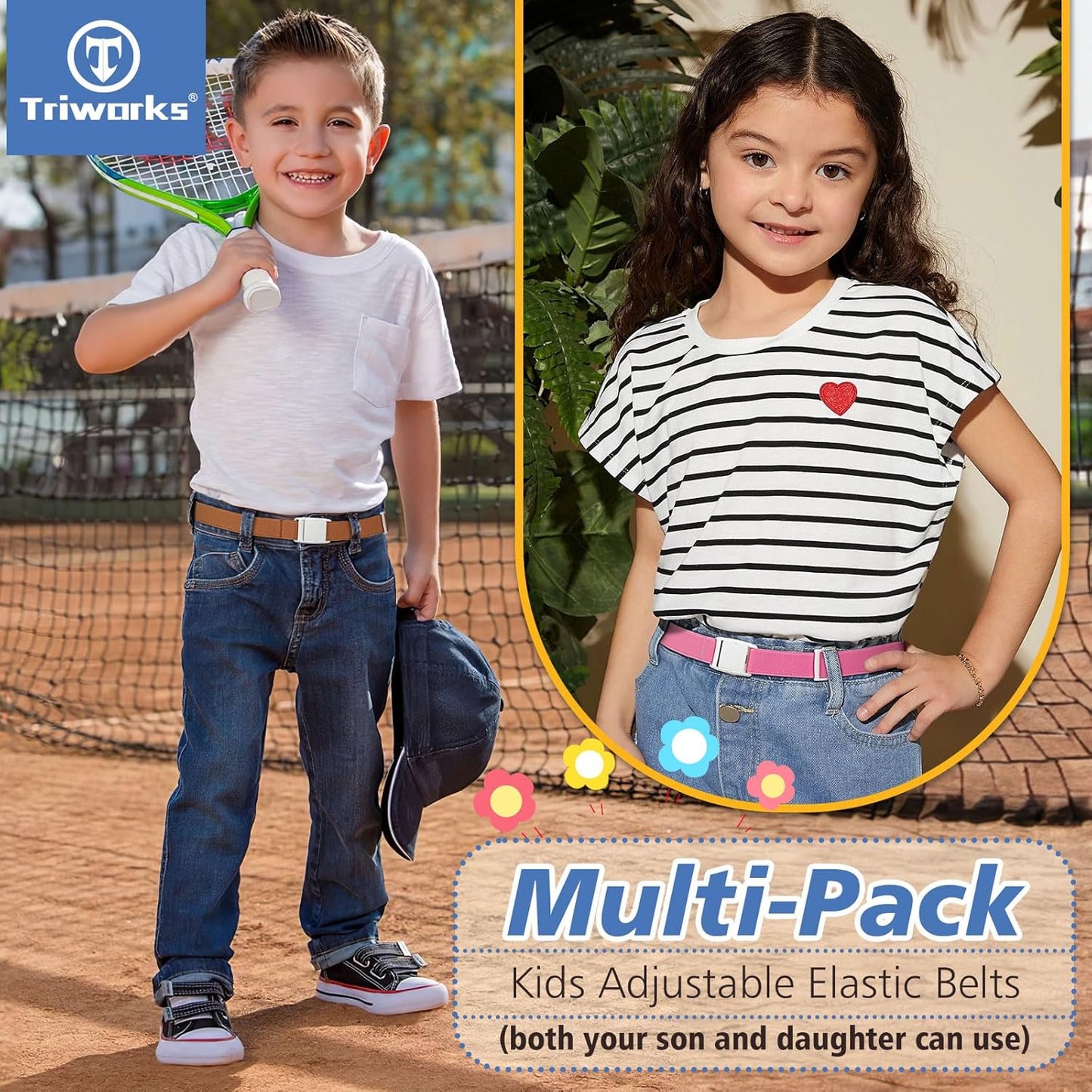 Kids Elastic Adjtable Belts for Girls Easy Buckle Flat Buckle Stretchy Belt for Kids Boys Girls