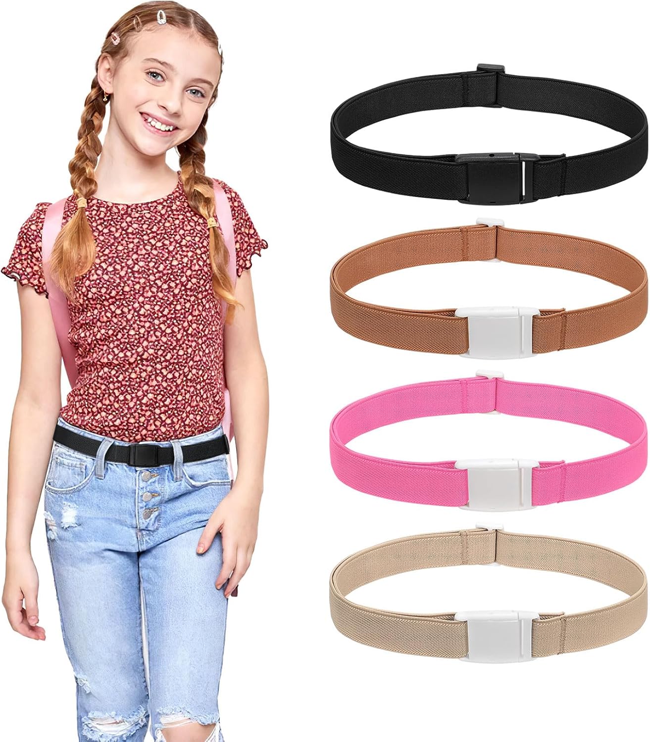Kids Elastic Adjtable Belts for Girls Easy Buckle Flat Buckle Stretchy Belt for Kids Boys Girls