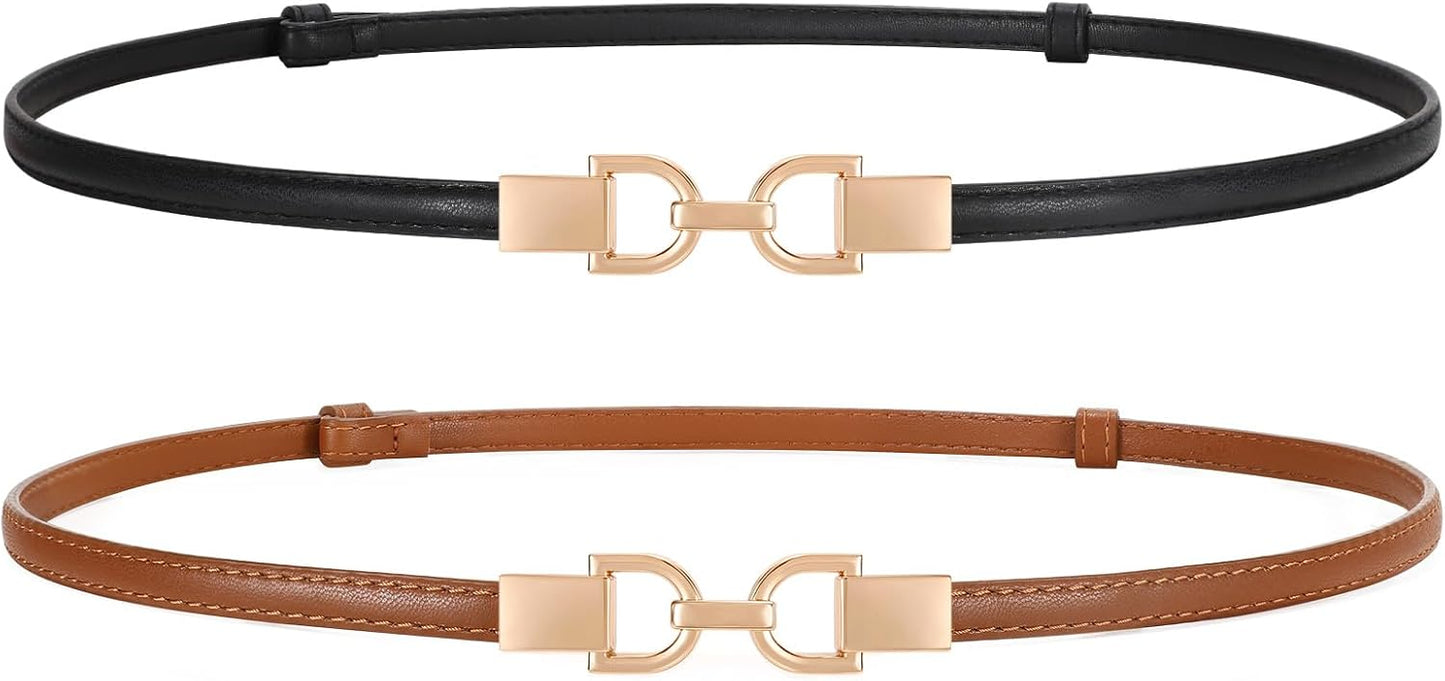 2 Pack Skinny Leather Belts for Women Thin Waist Belts with Adjtable Gold Buckle for Dresses, Coats and Jeans