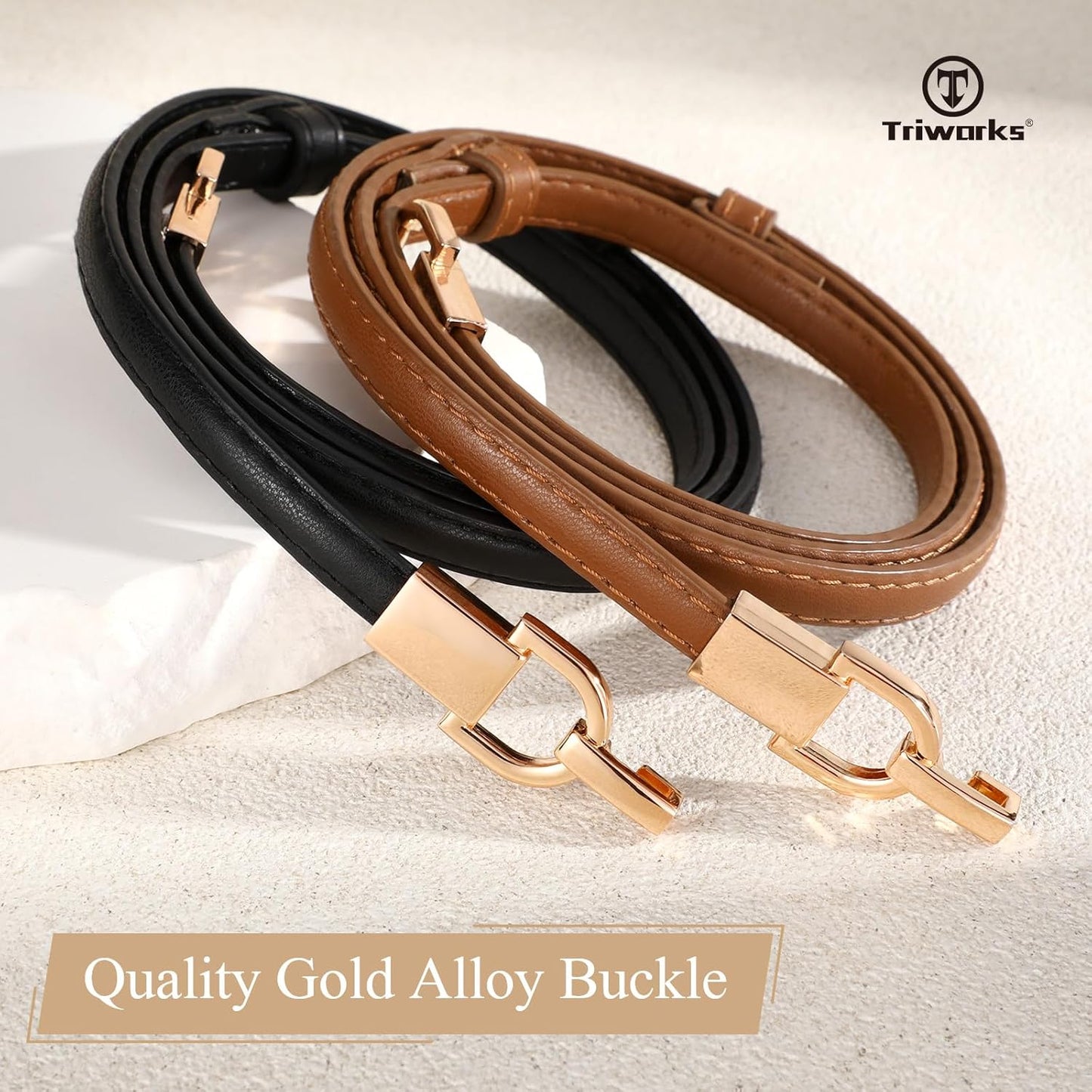 2 Pack Skinny Leather Belts for Women Thin Waist Belts with Adjtable Gold Buckle for Dresses, Coats and Jeans