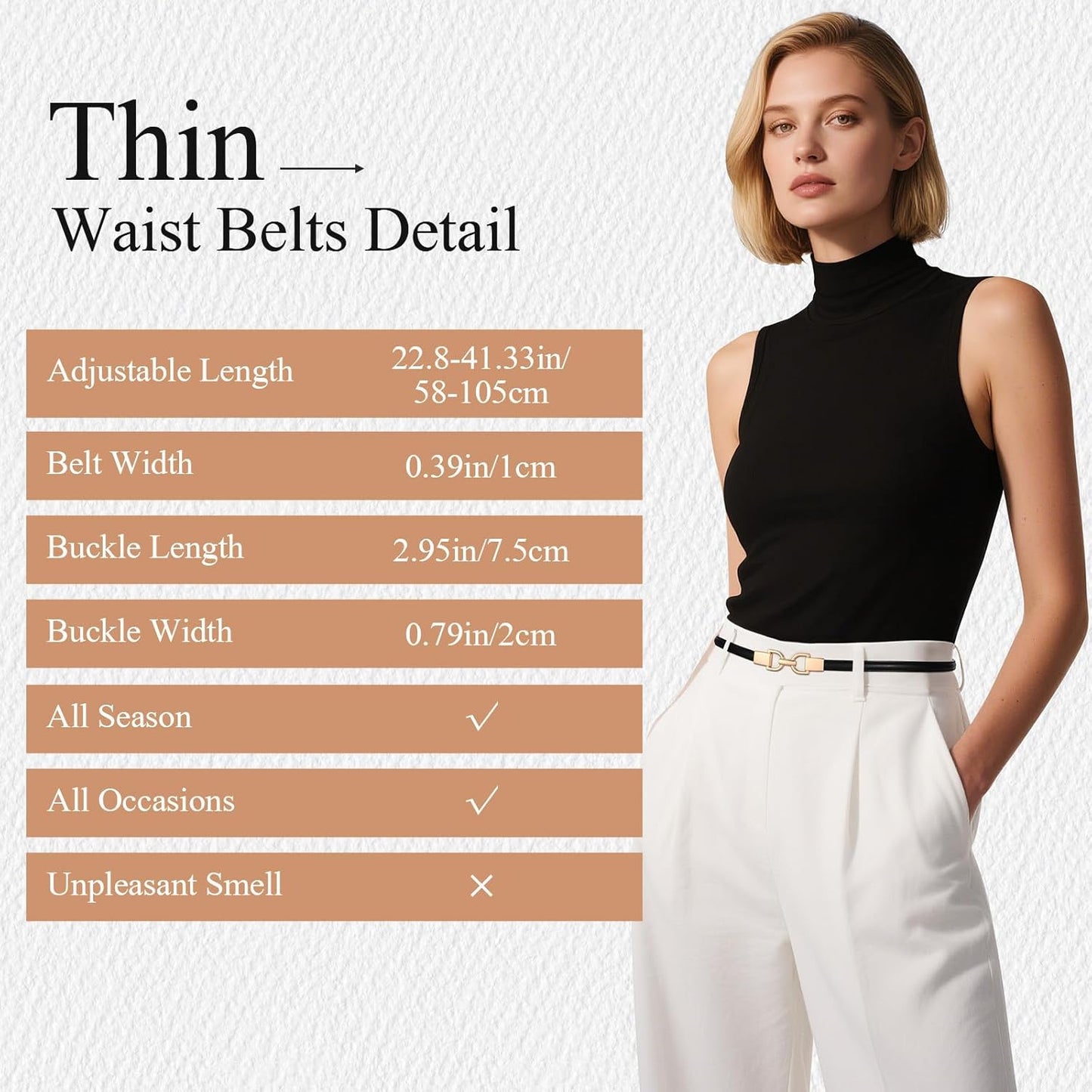 2 Pack Skinny Leather Belts for Women Thin Waist Belts with Adjtable Gold Buckle for Dresses, Coats and Jeans