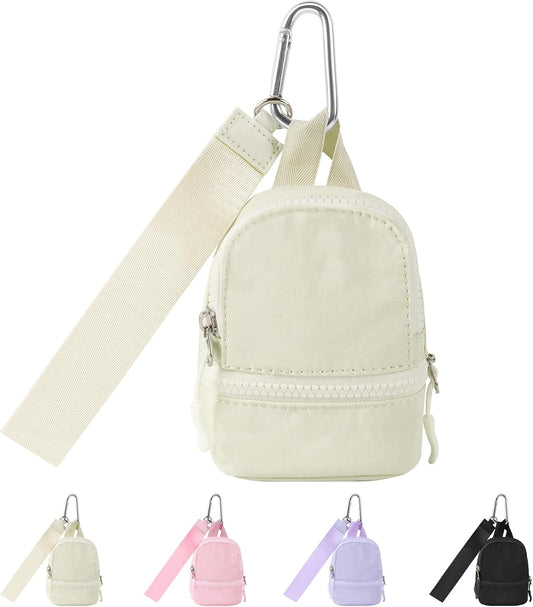 Mini Backpack Keychain Wristlet Wallet Pouch for Women/Men,Small Cute Change Coin Purse With 3 RFID Card Slots,Portable Waterproof Zipper Airpods Cosmetics Wallet for Daily Sport Work(Beige)