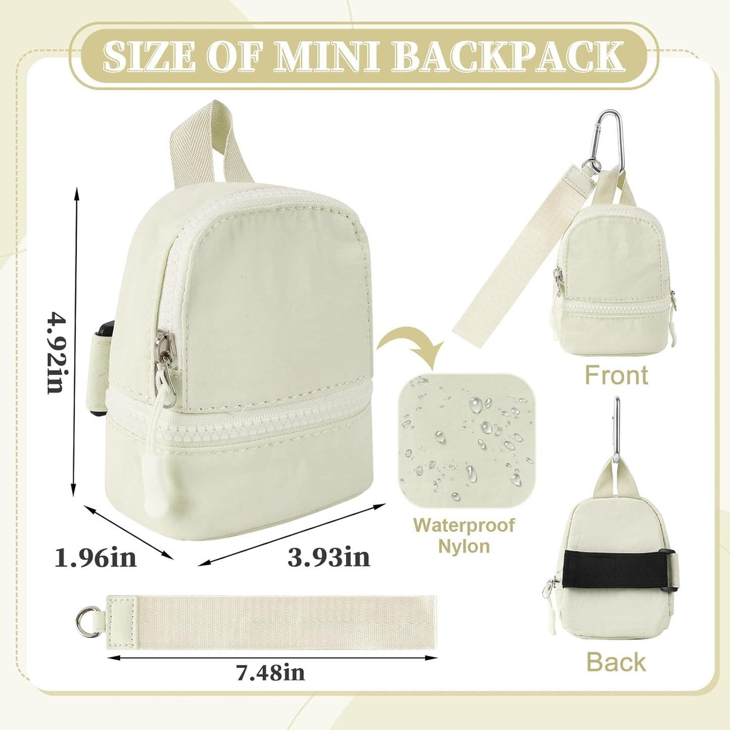 Mini Backpack Keychain Wristlet Wallet Pouch for Women/Men,Small Cute Change Coin Purse With 3 RFID Card Slots,Portable Waterproof Zipper Airpods Cosmetics Wallet for Daily Sport Work(Beige)