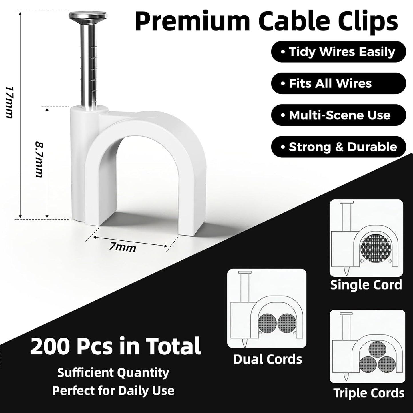 200 Pcs Cable Clips Nail in, Cord Clips Ethernet Cables Wire Wall Clips Cable Straps Cables Tacks Cable Nails Coax Cable Clips Cable Management for Speaker 7mm Cat6 - White