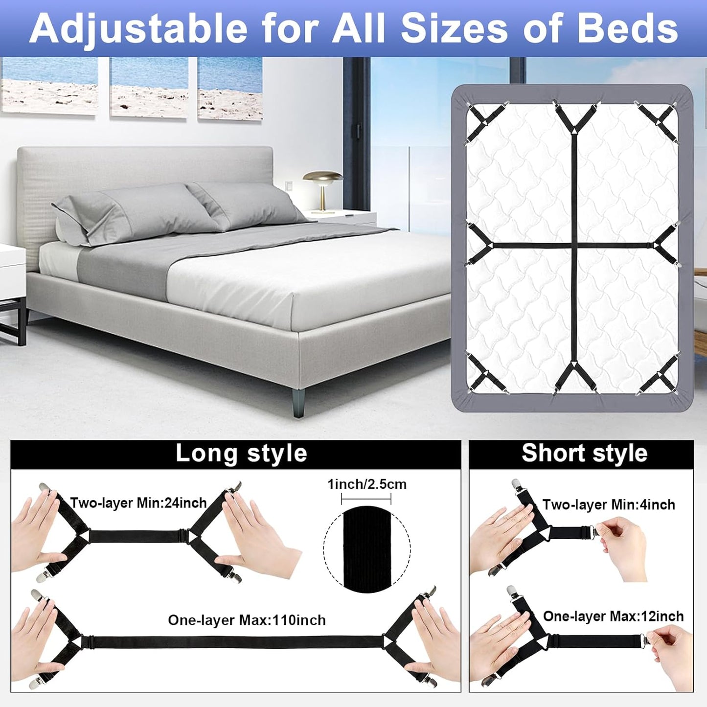 Bed Sheet Straps, 6 Pack Fitted Bed Sheet Fasteners Clips Adjtable Crisscross Bed Sheet Holder Straps for Corners Mattress Sheet Spenders Grippers Bedding Accessories, Black