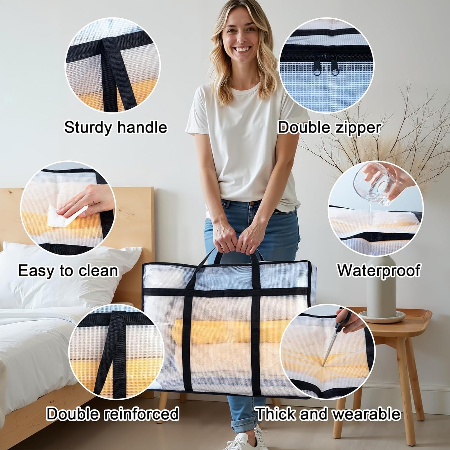 4 Pack Clear Blanket Storage Bags, Plastic Comforter Clothes Storage Bags Underded Moving Bags Closet Organizers and Storage Zippered Sturdy Handle for Bedding, Clothes, Linen, Toys, Quilt, Duvet 40L