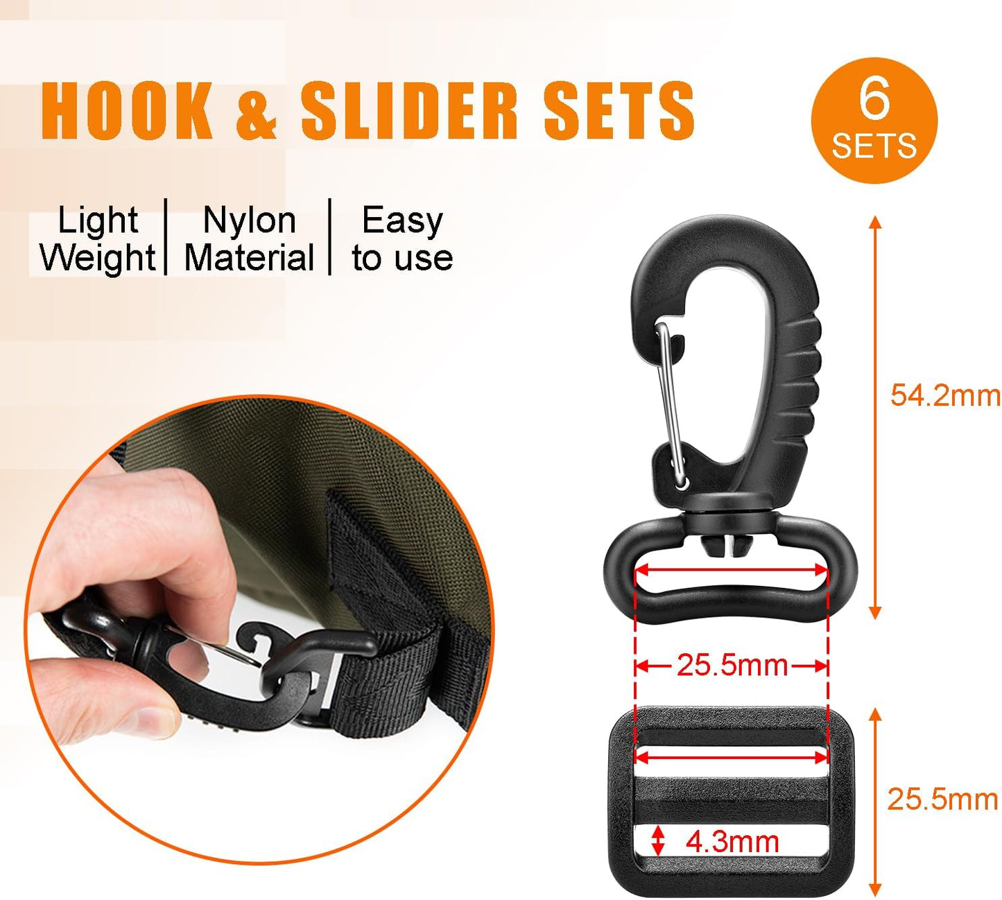 CooBigo 1" Plastic Clip Snap Hook Replacement Buckles Tri-Glide for Webbing Strap Crafting Accessories 6 Set (Hooks & Adjustable Buckle)