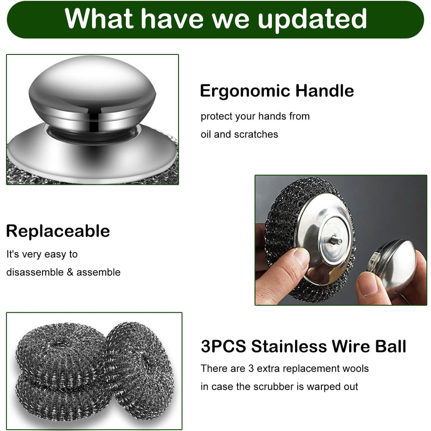 Steel Wool Scrubber with 2 Handles & 3 Replacement Wire Sponge(Scouring Pads) - Stainless Metal Cleaner Heavy Duty Brh for Pots, Pans, Cast Iron, Grill, Sink, Dishes, Stove, Kitchen Deep Clean