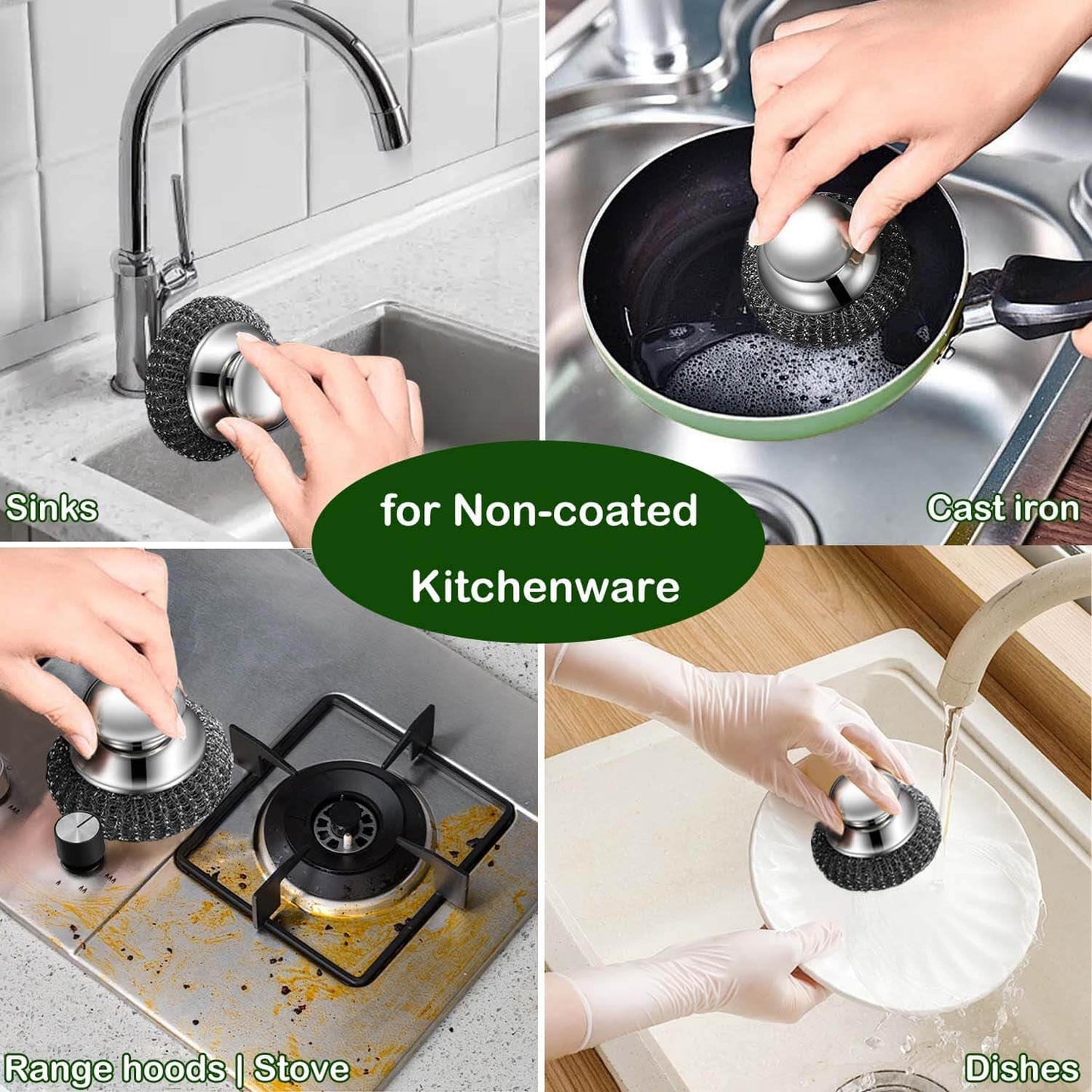 Steel Wool Scrubber with 2 Handles & 3 Replacement Wire Sponge(Scouring Pads) - Stainless Metal Cleaner Heavy Duty Brh for Pots, Pans, Cast Iron, Grill, Sink, Dishes, Stove, Kitchen Deep Clean