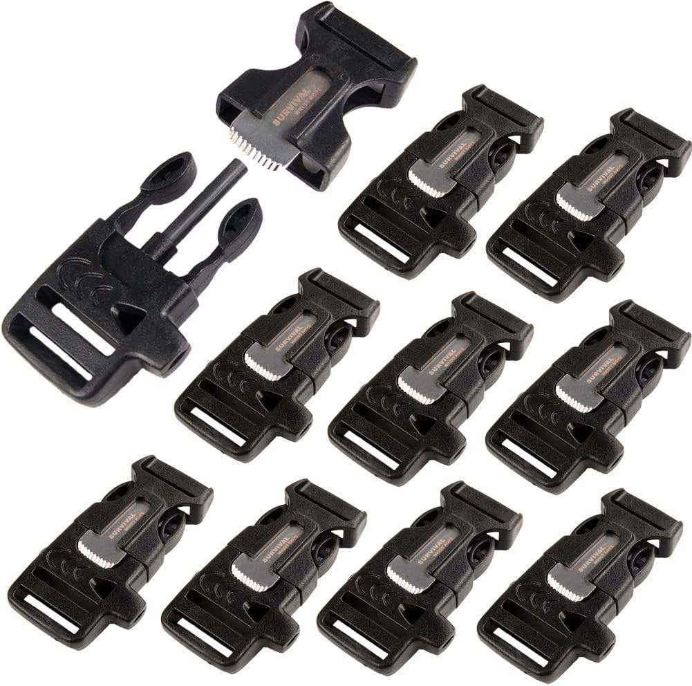 CooBigo 10Pack 3/4" (19mm) Fire Starter Survival Whistle Buckle Flint Scraper for Paracord Bracelet Key Lanyard Ourdoor Hiking Camping Backpack Bag Pets Collar DIY Travel Kits