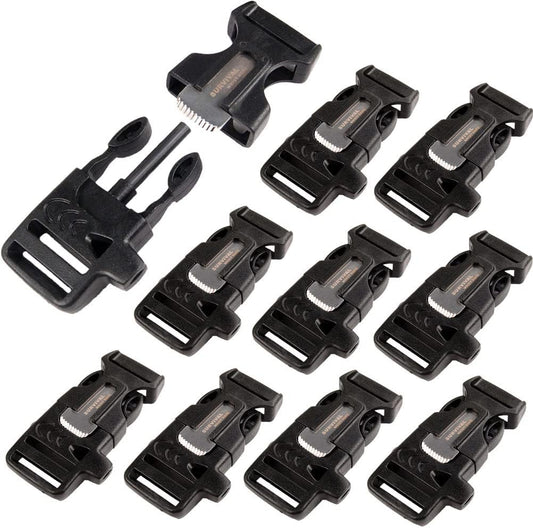CooBigo 10Pack 3/4" (19mm) Fire Starter Survival Whistle Buckle Flint Scraper for Paracord Bracelet Key Lanyard Ourdoor Hiking Camping Backpack Bag Pets Collar DIY Travel Kits