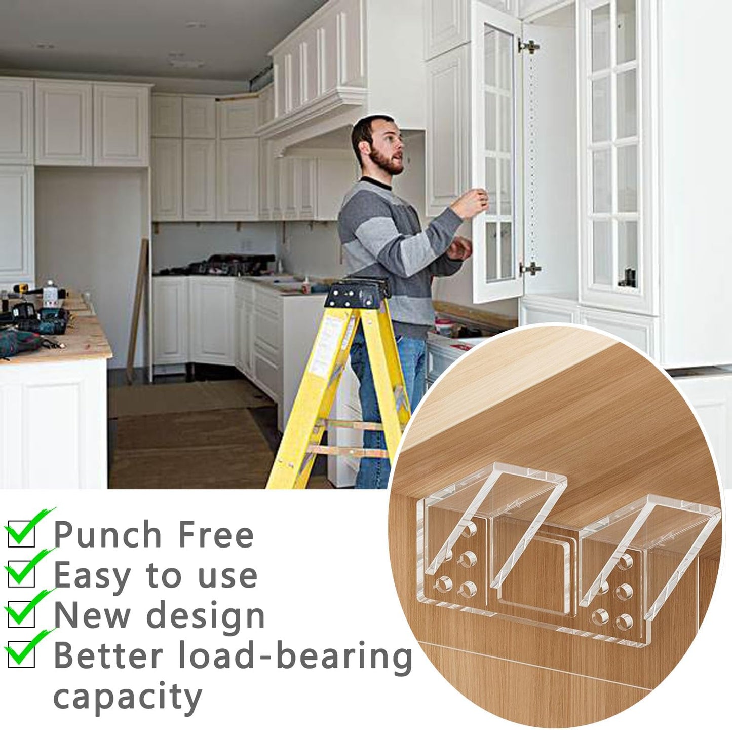 6-Pack Heavy-Duty Adhesive Shelf Brackets, Large Size Double Row Brackets, No-Drill Wall Mount Pegs,Shelf Support Pegs for Kitchen Cabinets, Bookshelves, and Closets