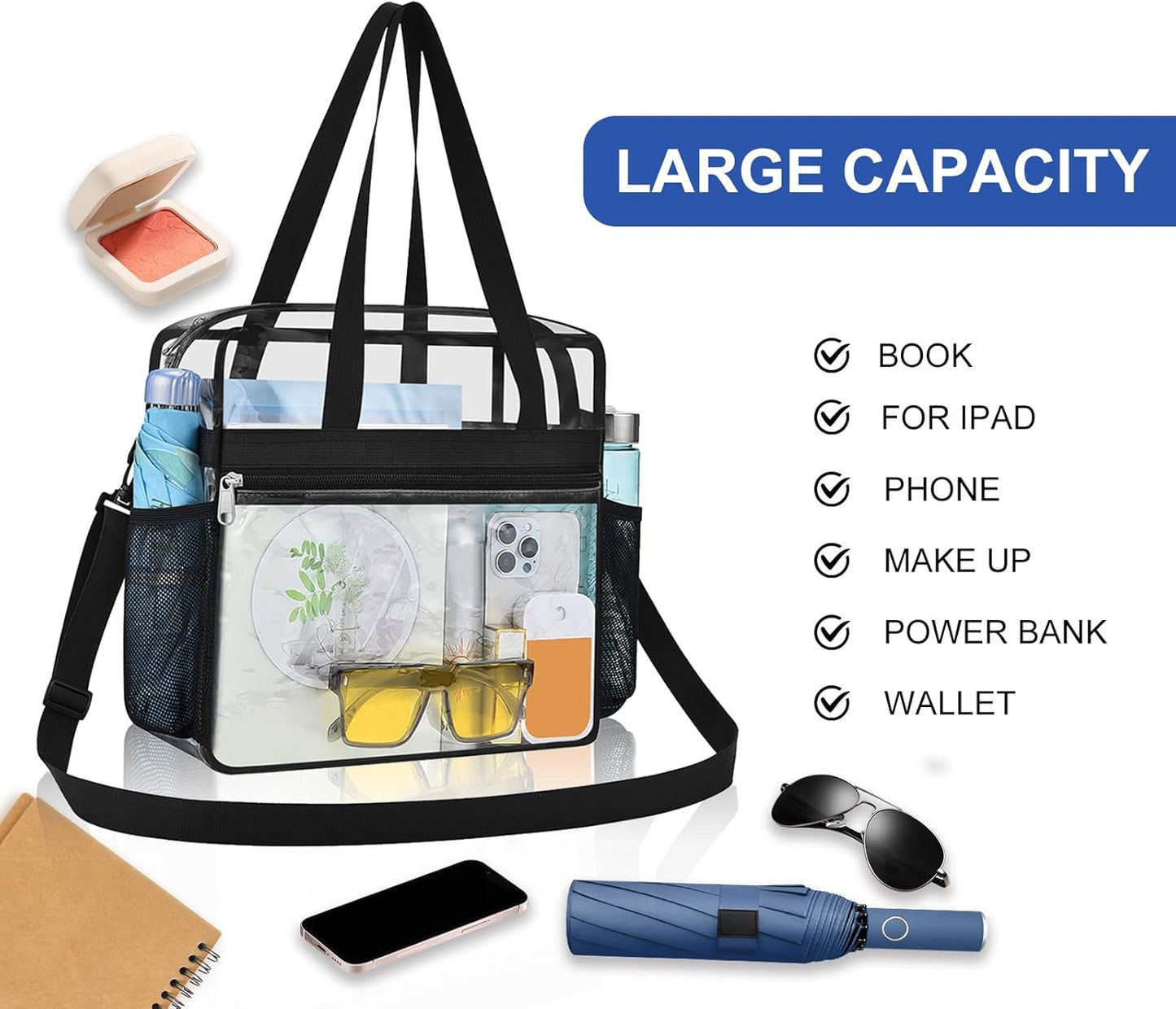 Clear Bag for Stadium Events,Transparent Bag for Work Sports Games Concerts Travel Gym