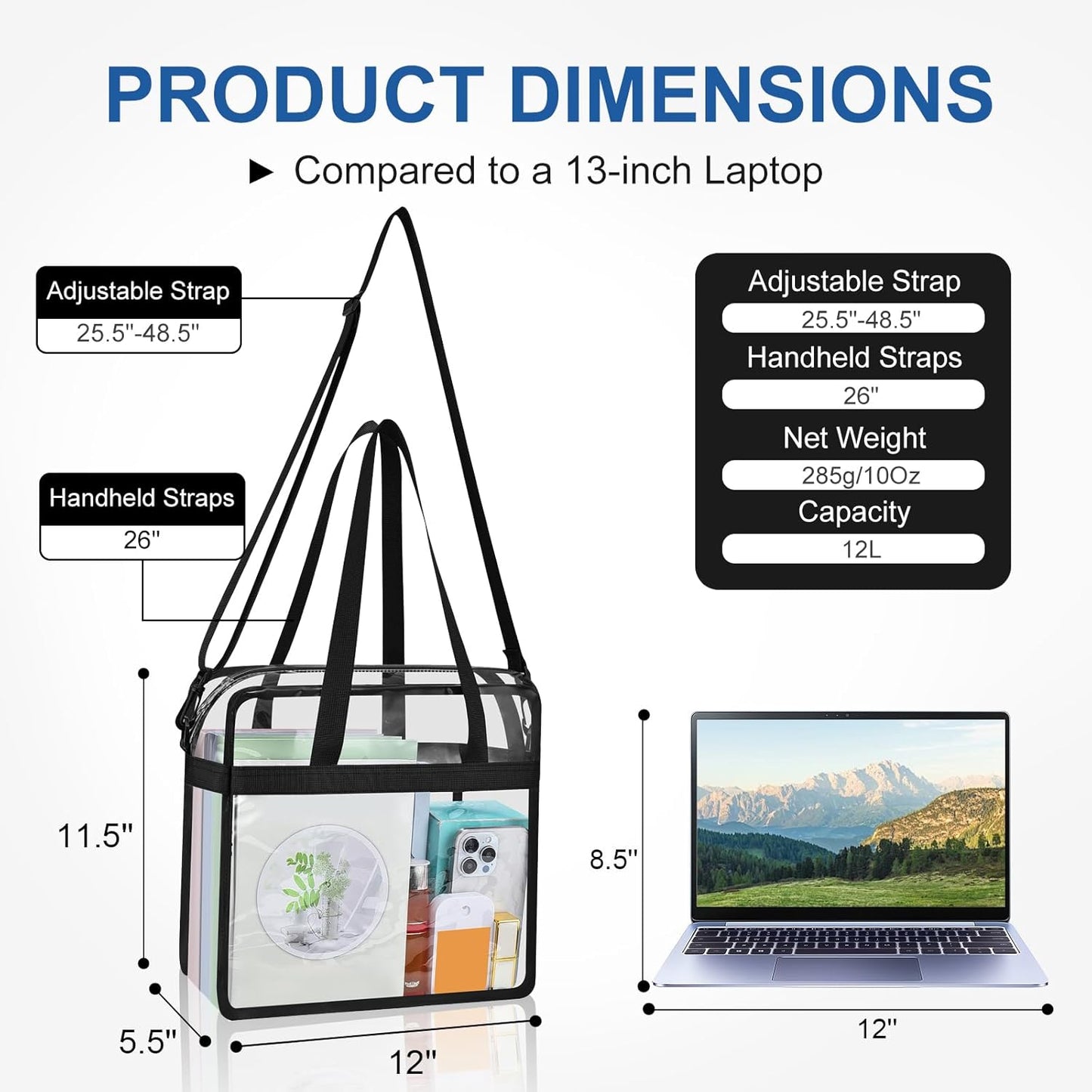 Clear Tote Bag for Stadium Events, 12x6x12 Transparent Stadium Bag for Work, Sports Games,Gym，Concerts