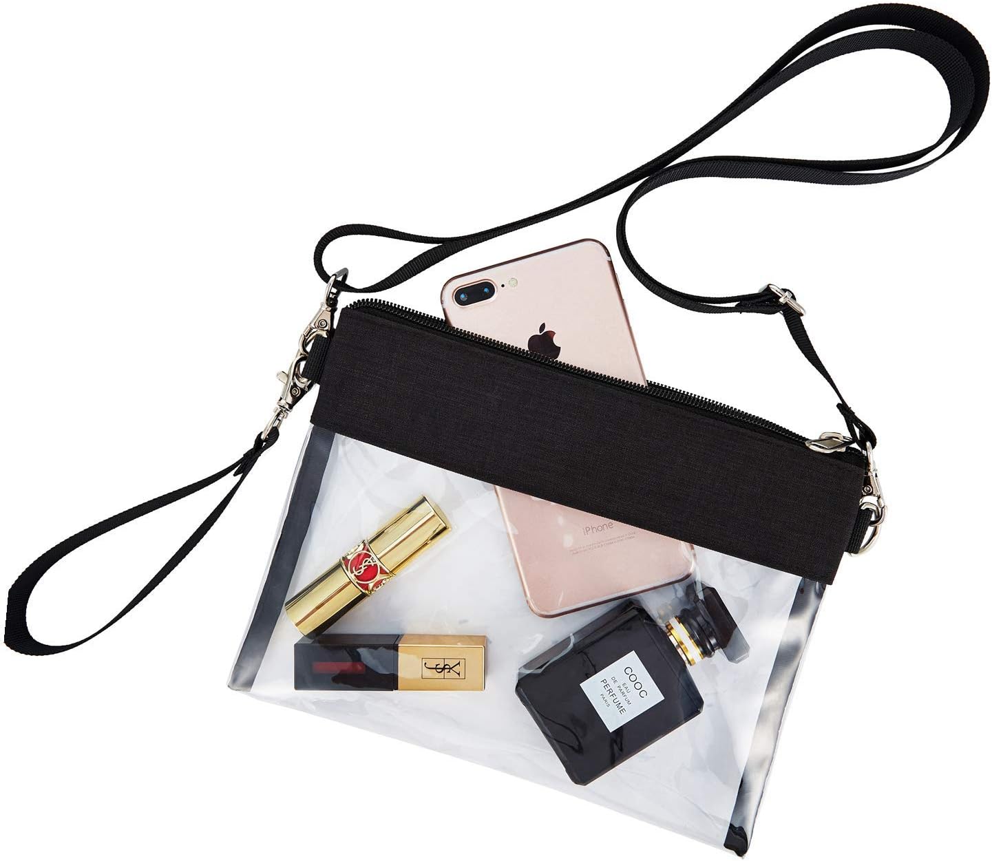 Clear Crossbody Purse Bag - Stadium Approved Clear Tote Bag with Adjtable Shoulder Strap (Black)