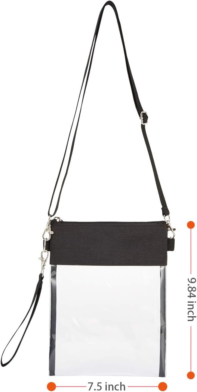 Clear Crossbody Purse Bag - Stadium Approved Clear Tote Bag with Adjtable Shoulder Strap (Black)