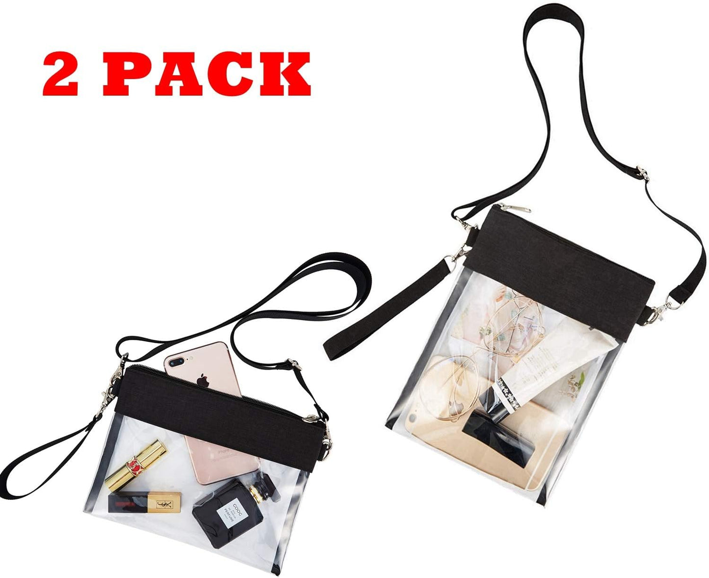 Clear Crossbody Purse Bag - Stadium Approved Clear Tote Bag with Adjtable Shoulder Strap (Black)