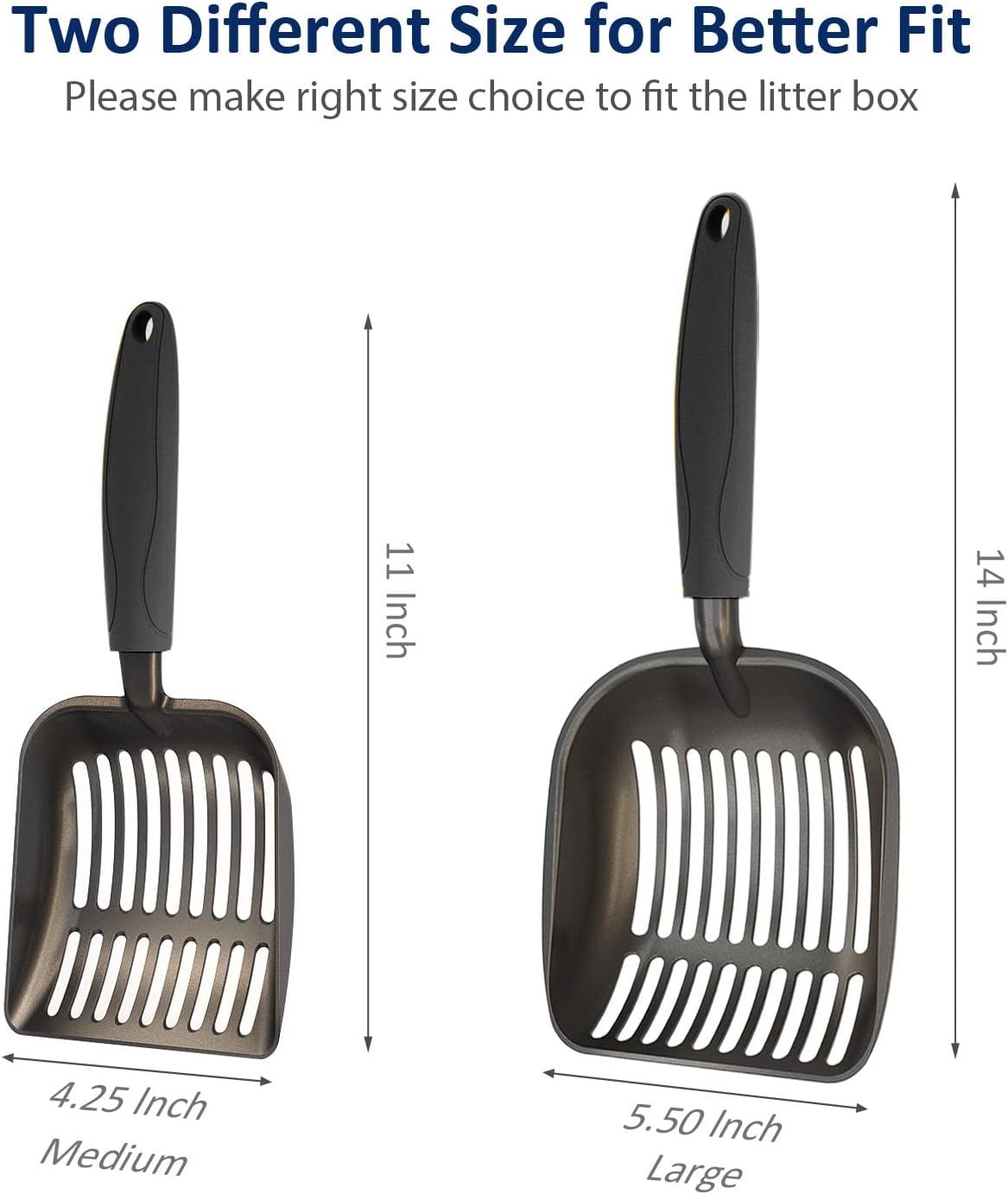 Cat Litter Scoop, Non-Stick Plated Aluminum Alloy Sifter, Kitty Durable Metal Scooper, Deep Shovel, Long Handle, Kitten Pooper Lifter, Size Medium, Coated Black Body with Black Handle