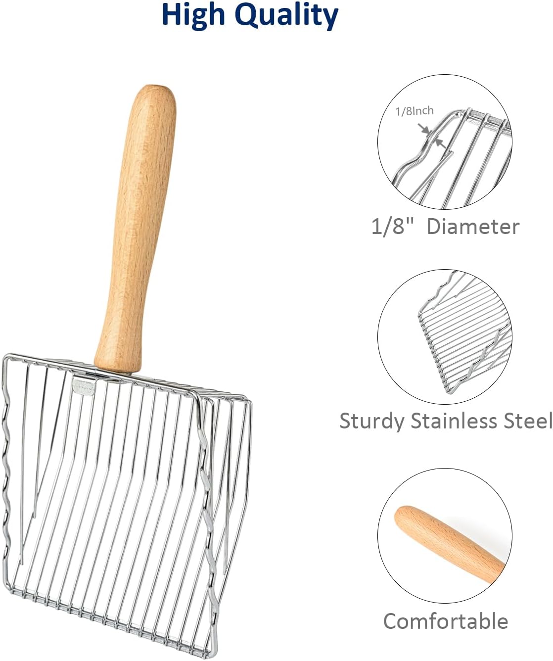 Premium Metal Cat Litter Scoop, 5X Faster Speed Sifter, Heavy Duty Steel Kitty Scooper, Beech Wood Handle, for All Litter Types, Silver