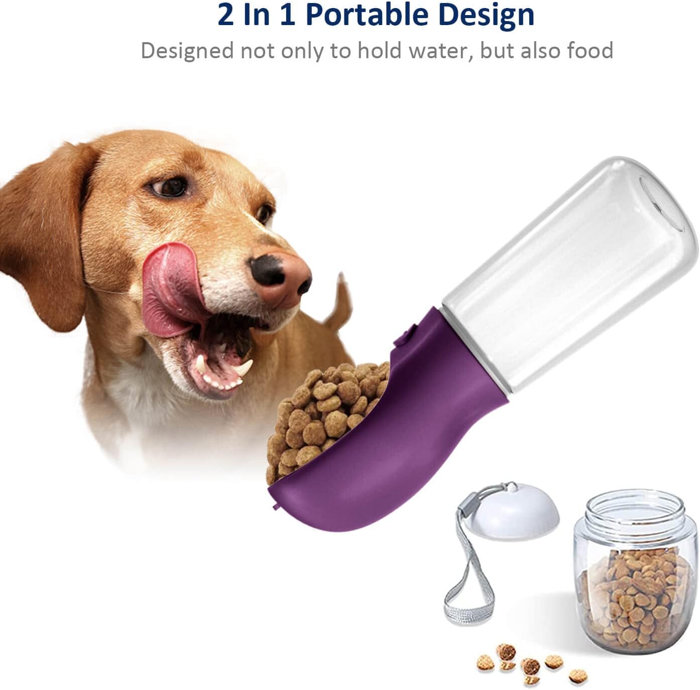 Portable Dog Water Bottle with Food Container, 19 OZ + 6 OZ, Leak Proof Puppy Water Dispenser with Drinking Feeder for Pets Outdoor Walking, Hiking, Travel, Food Grade Plastic