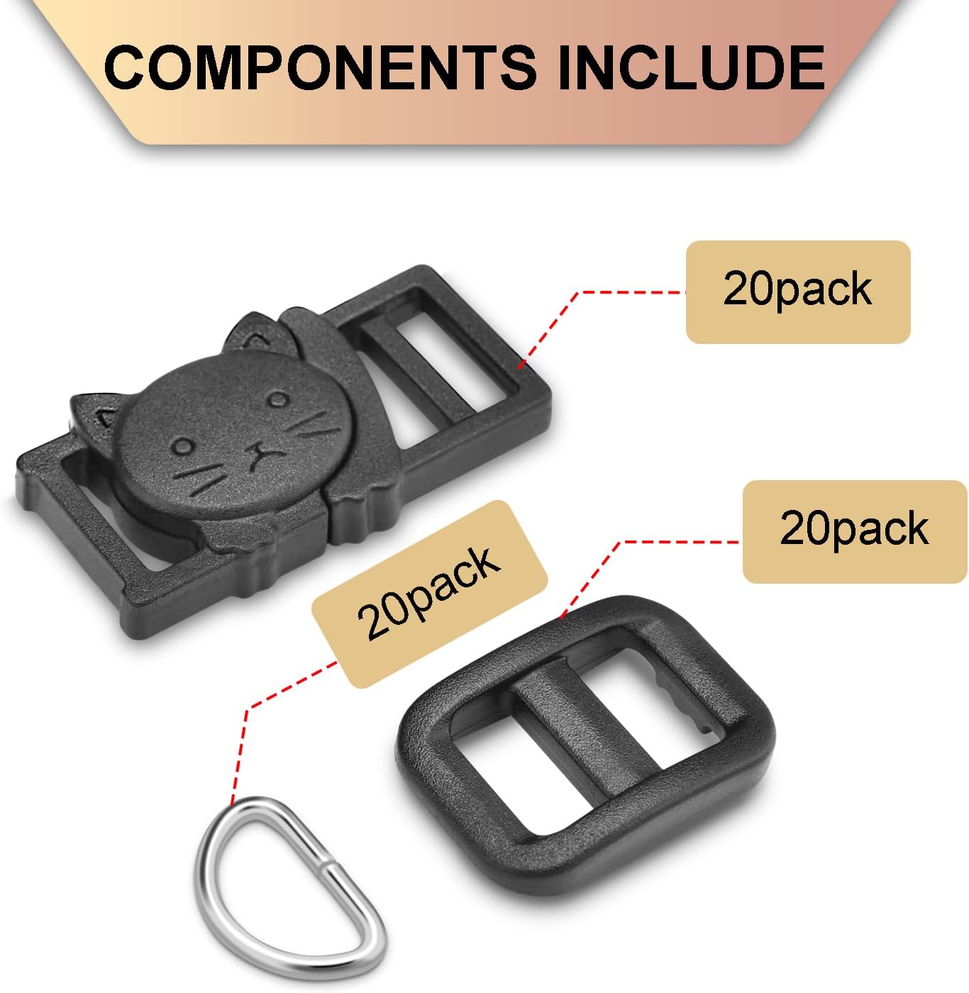 CooBigo 3/8" Breakaway Cat Collars Clasp Kit, 20 Set Break Away Lanyard Clasp Cat Safety Collar Paracord Buckles Accessories(Black)
