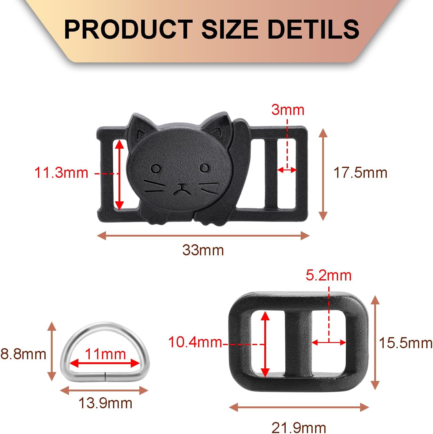 CooBigo 3/8" Breakaway Cat Collars Clasp Kit, 20 Set Break Away Lanyard Clasp Cat Safety Collar Paracord Buckles Accessories(Black)
