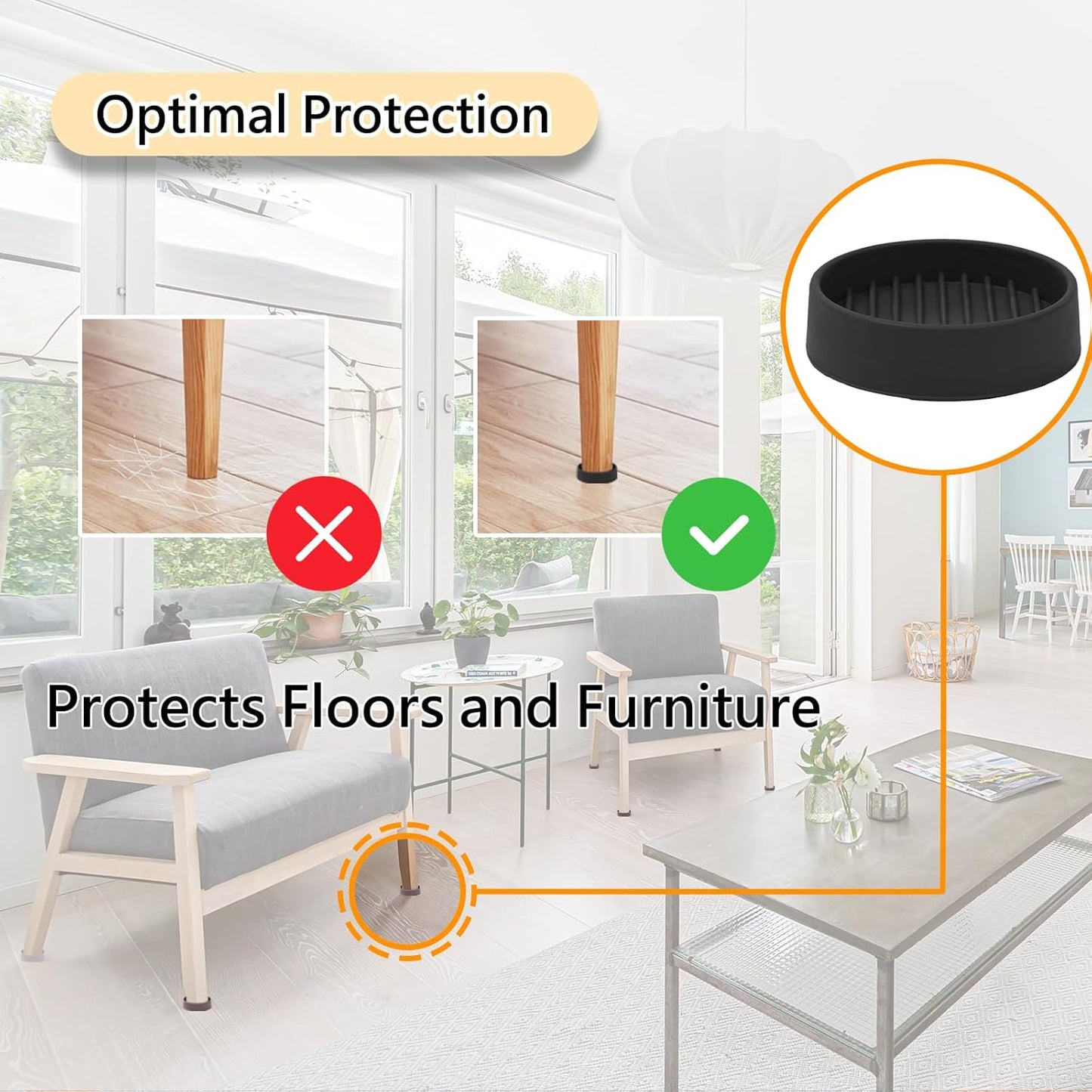 1.5x1.5 Round Rubber Furniture Caster Cups, Anti-Sliding Furniture Pads Bed Stopper Floor Protectors with Grip - Protect Any Flooring