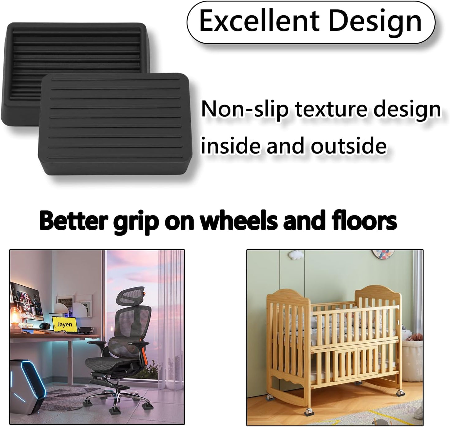 Furniture Wheels Caster Cups, Non-Slip Rubber Bed Frame Stopper Floor Protector for Any Furniture with Wheels - 4 Pack (Black)