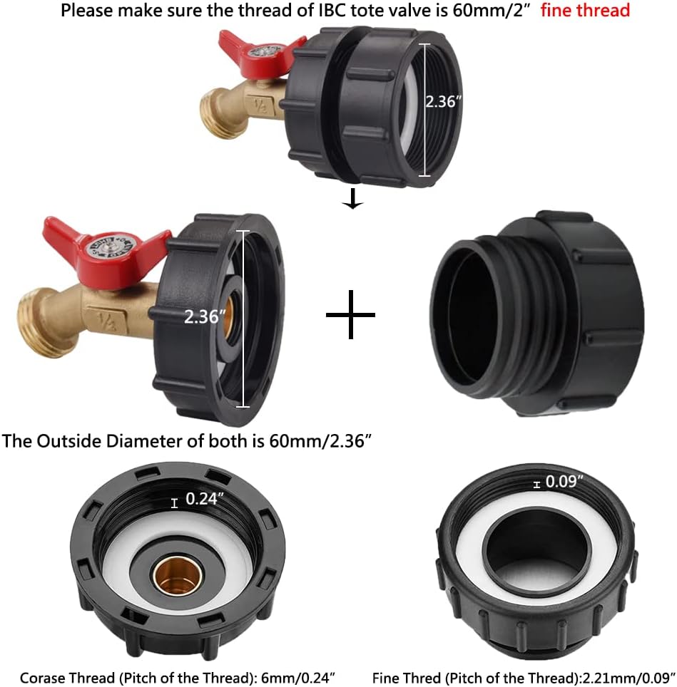 275-330 Gallon IBC Tote Tank Adapter 2" Fine Thread - 1/2" Male NPT Inlet × 3/4" Male GHT Outlet, Brass Hose Faucet Garden Hose Connector