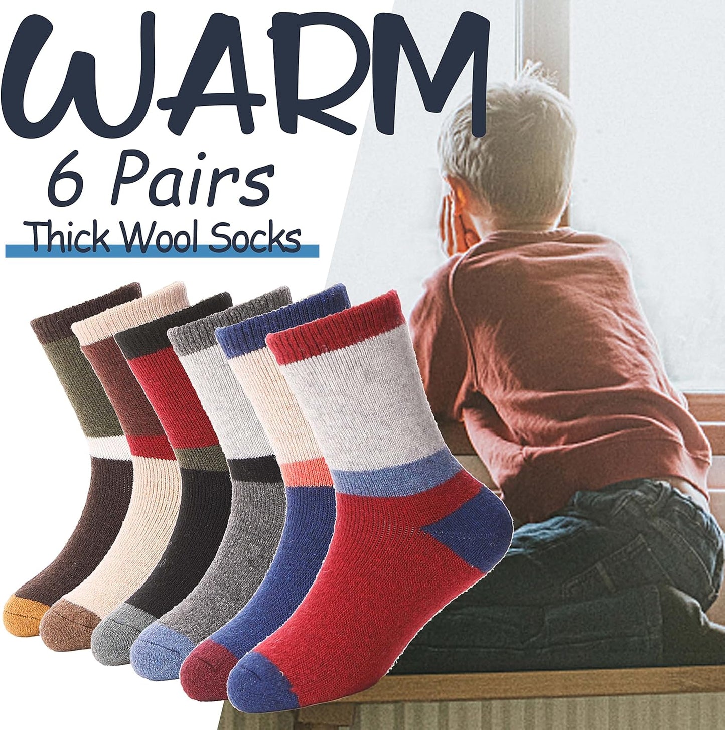 Kids Merino Wool Socks for Toddlers Boys Girls Warm Thermal Winter Thick Hiking Heavy Cozy Crew Boot Socks 6 Pairs