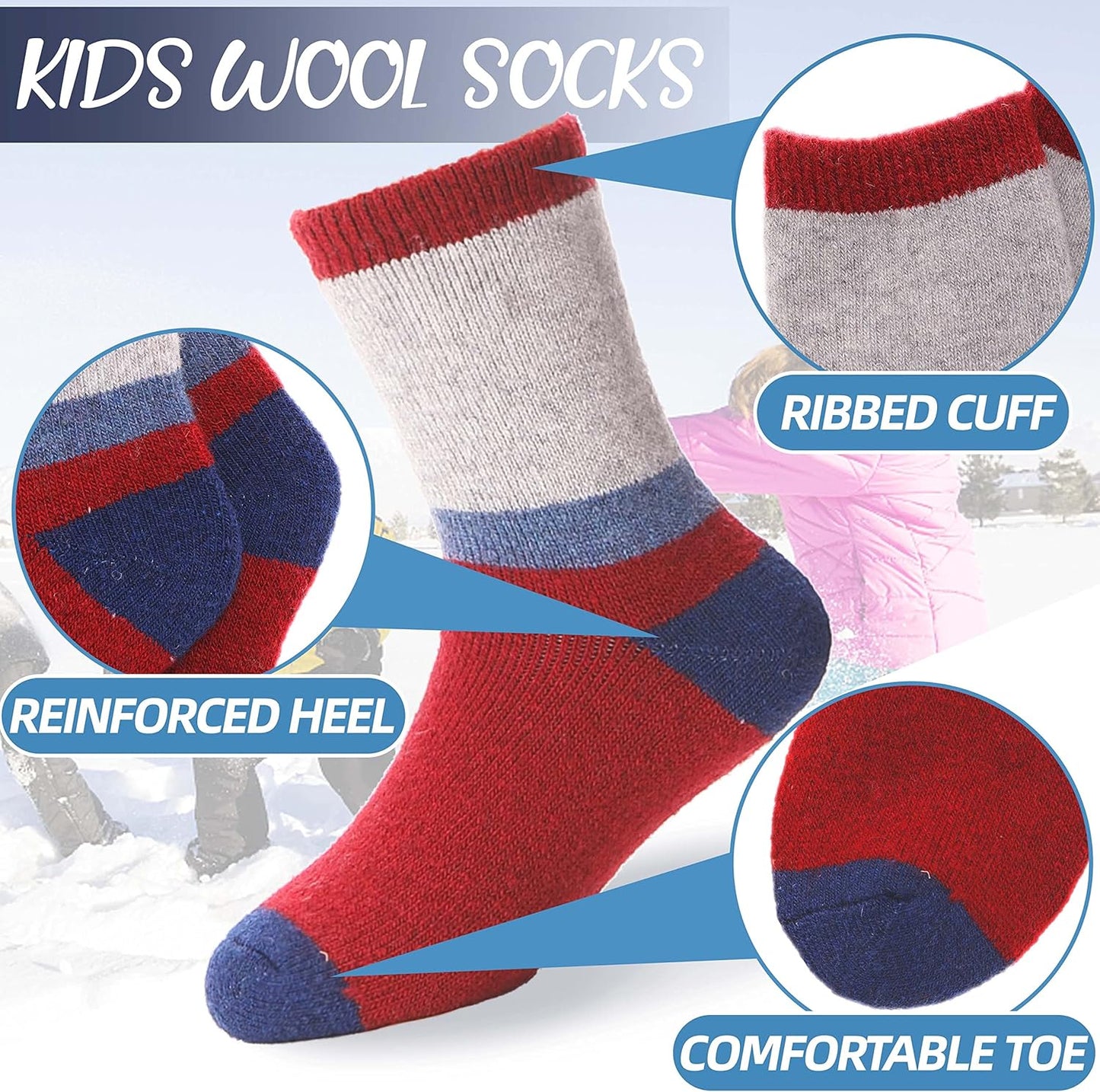 Kids Merino Wool Socks for Toddlers Boys Girls Warm Thermal Winter Thick Hiking Heavy Cozy Crew Boot Socks 6 Pairs