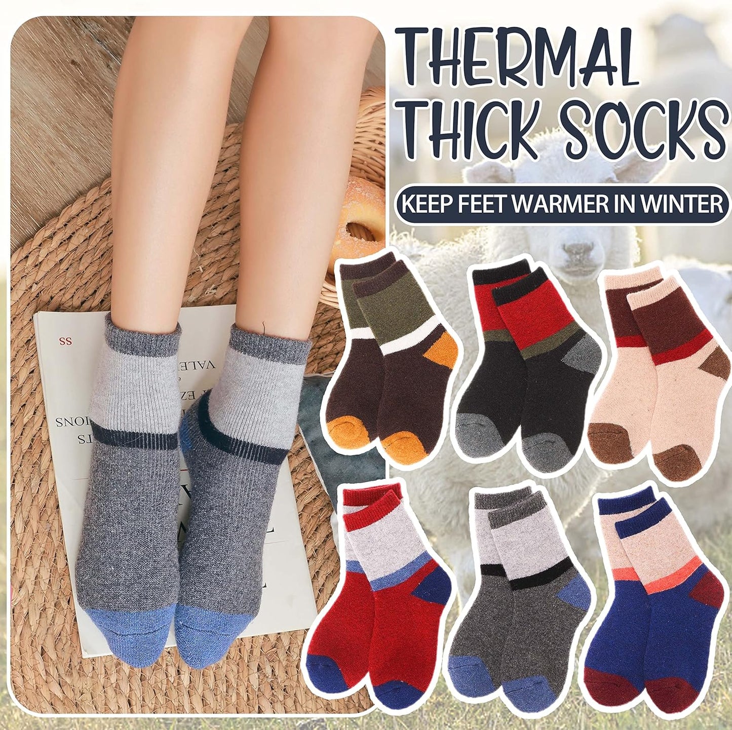 Kids Merino Wool Socks for Toddlers Boys Girls Warm Thermal Winter Thick Hiking Heavy Cozy Crew Boot Socks 6 Pairs