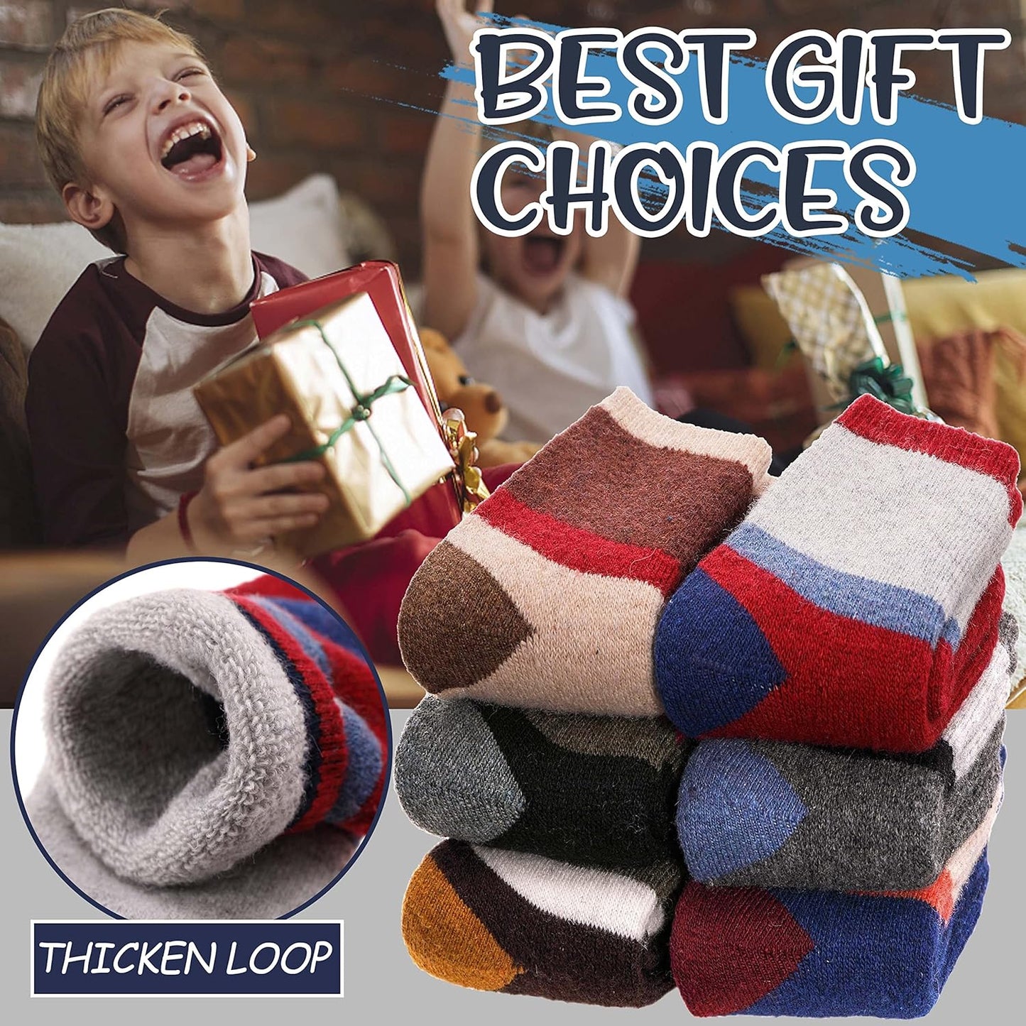 Kids Merino Wool Socks for Toddlers Boys Girls Warm Thermal Winter Thick Hiking Heavy Cozy Crew Boot Socks 6 Pairs